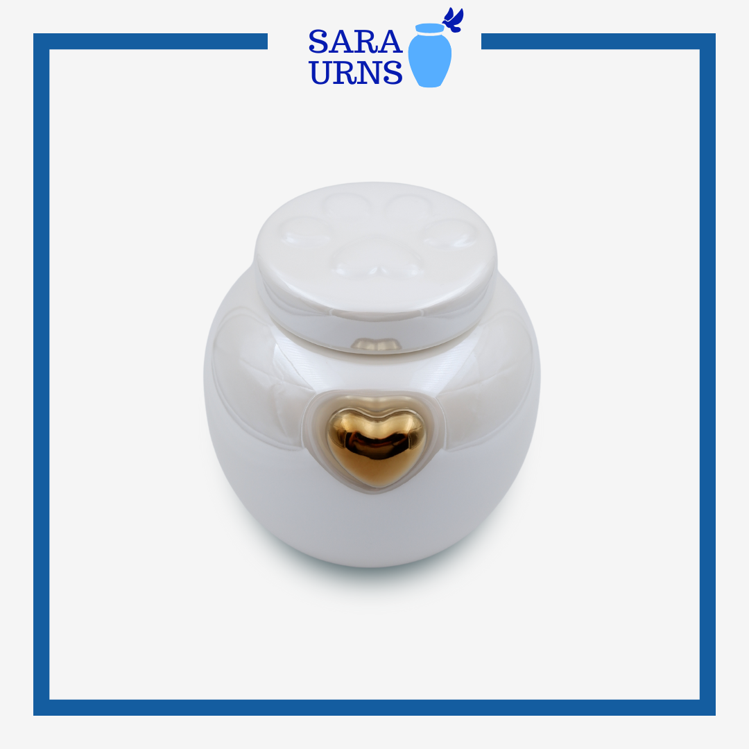 White Pearly Paws with Gold Heart Pet Urn