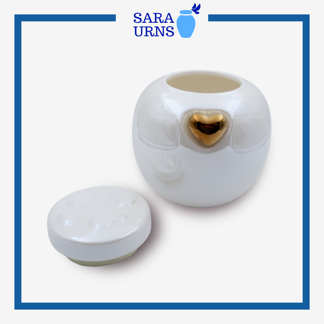 White Pearly Paws with Gold Heart Pet Urn