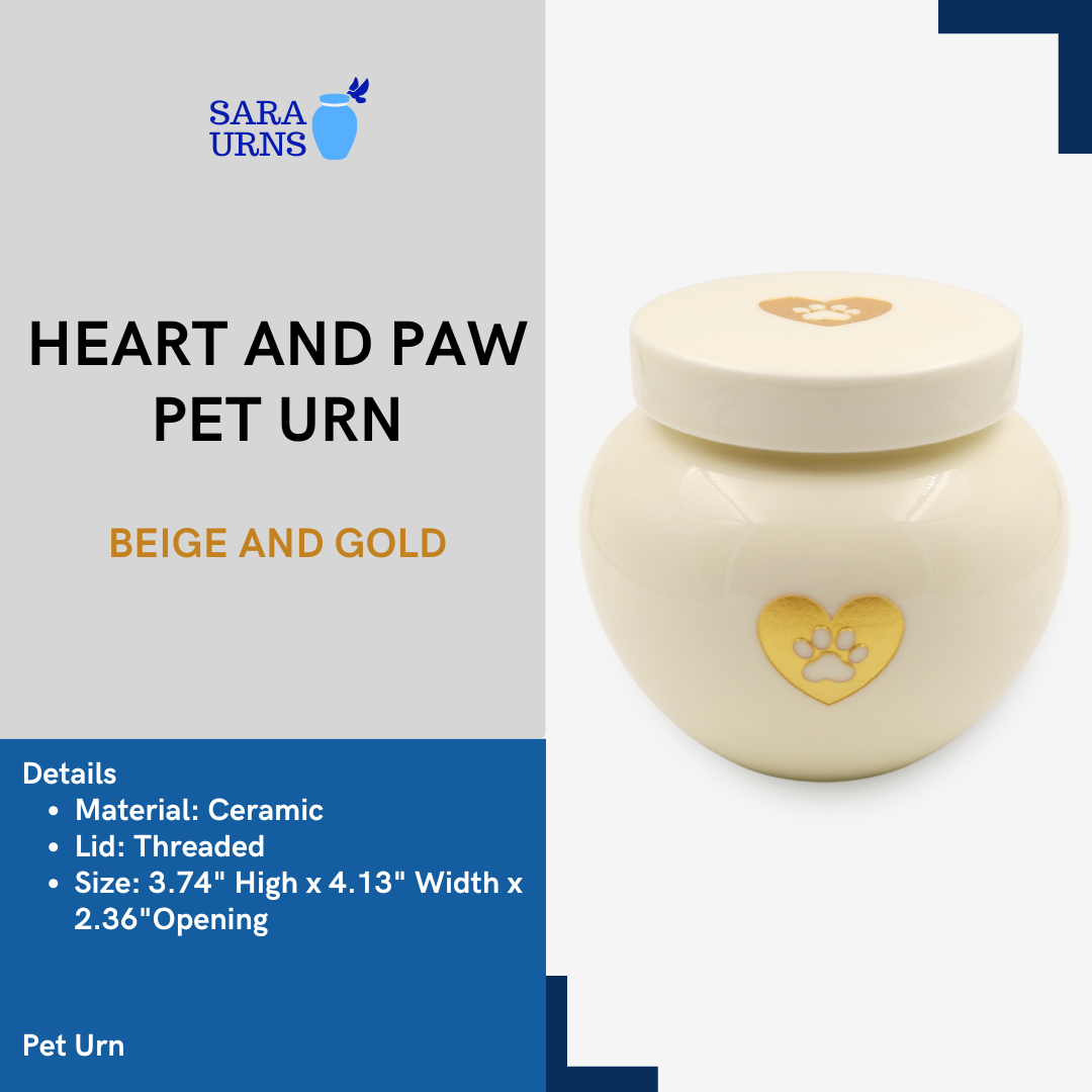 Heart and Paw Pet Urn (Beige and Gold)