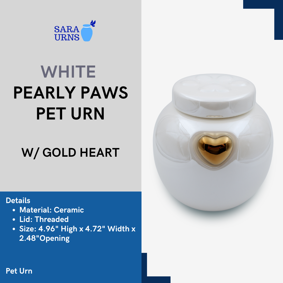 White Pearly Paws with Gold Heart Pet Urn