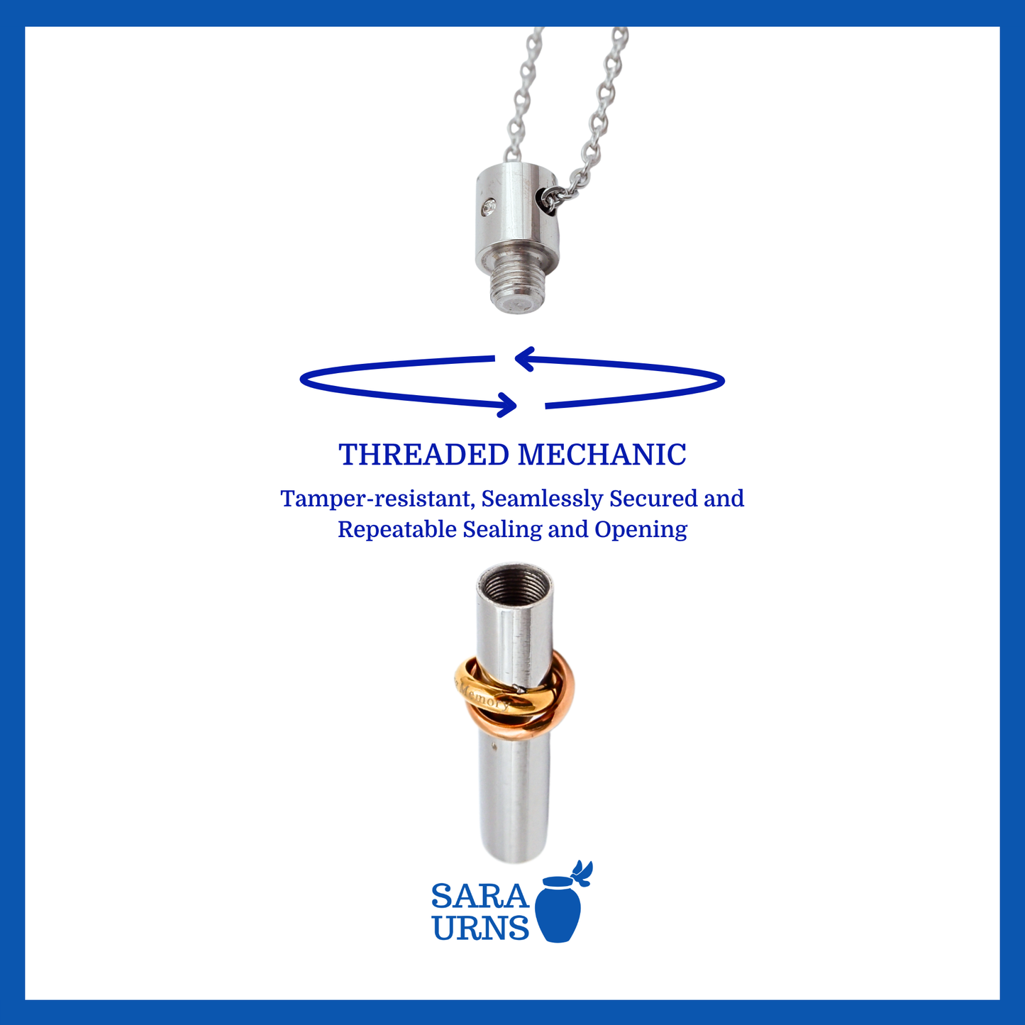 A presentation of a stainless steel ash necklace’s threaded lid which highlights its safety and security.
