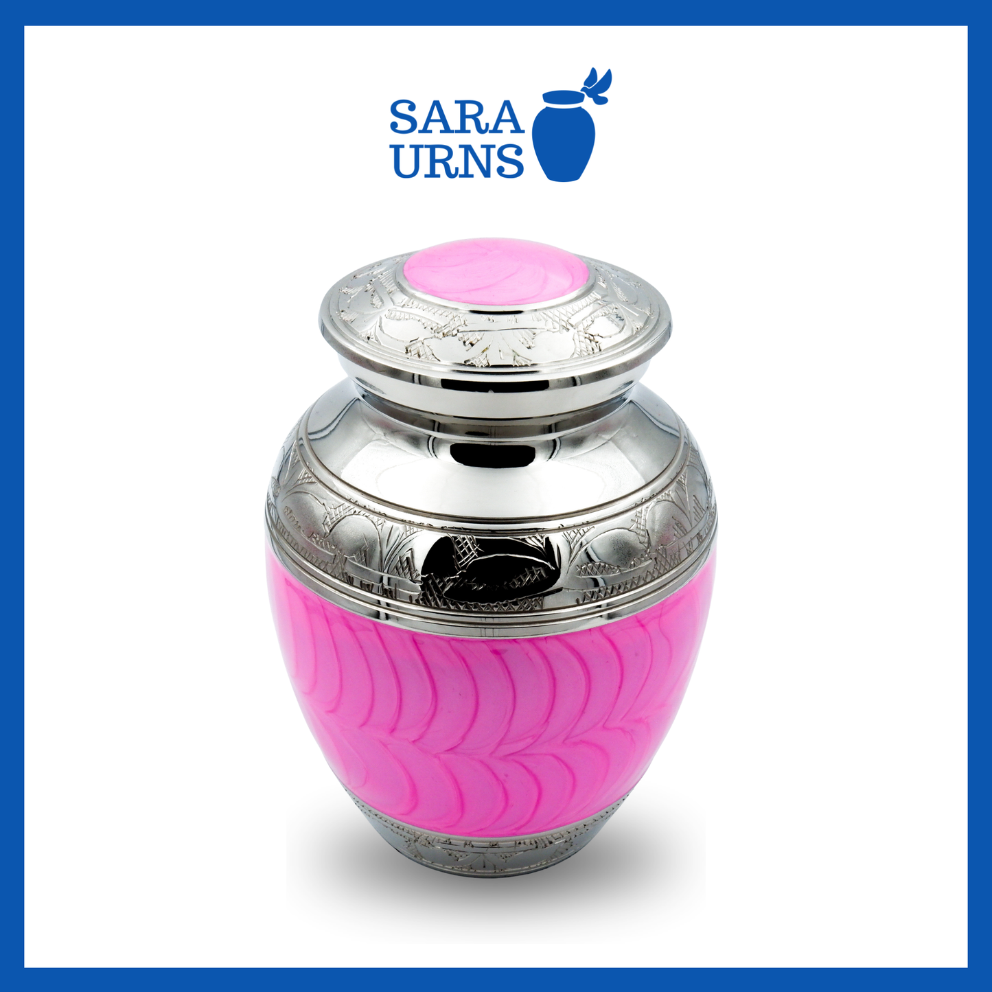A higher angle of a bright pink polished brass metal baby urn with an enamel finish and silver hand-etched details over a white background.