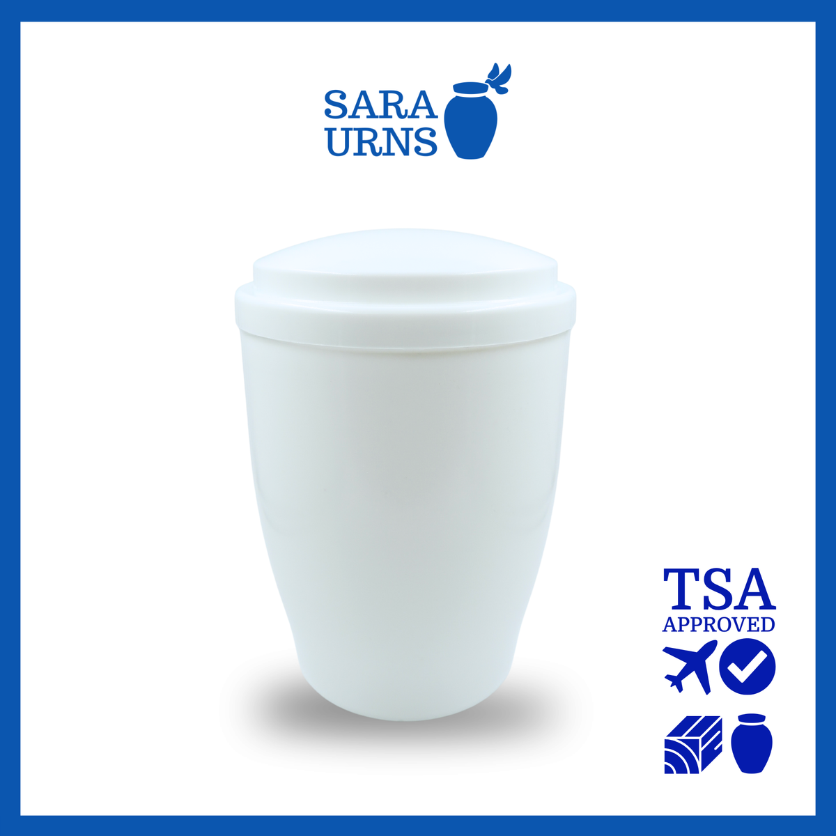 A white plastic travel urn made from high-density polyethylene (HDPE) plastic, featuring a clean and simple design over a white background.