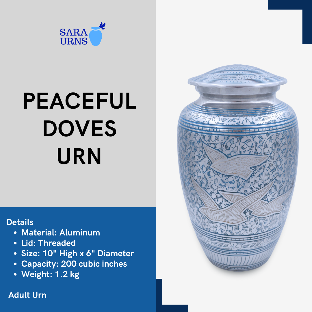 Peaceful Doves Blue Silver Metal Urn Description