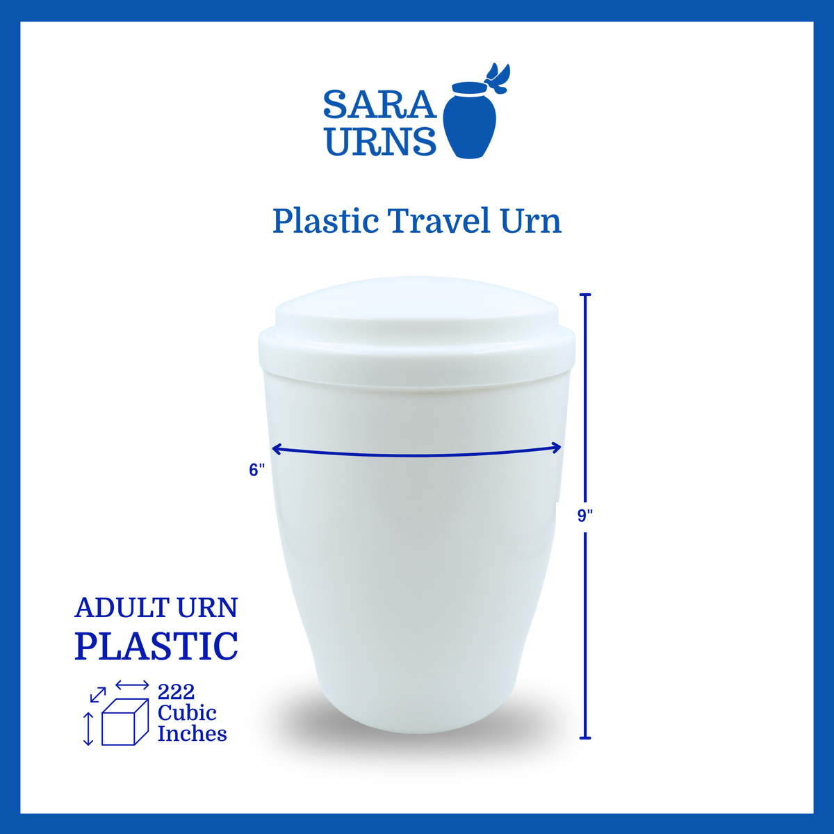 A white HDPE plastic travel urn measuring 9 inches in height and 6 inches in diameter, with a capacity of 222 cubic inches. It features a secure threaded cap and a travel-friendly design for the safe storage and transport of cremated remains.