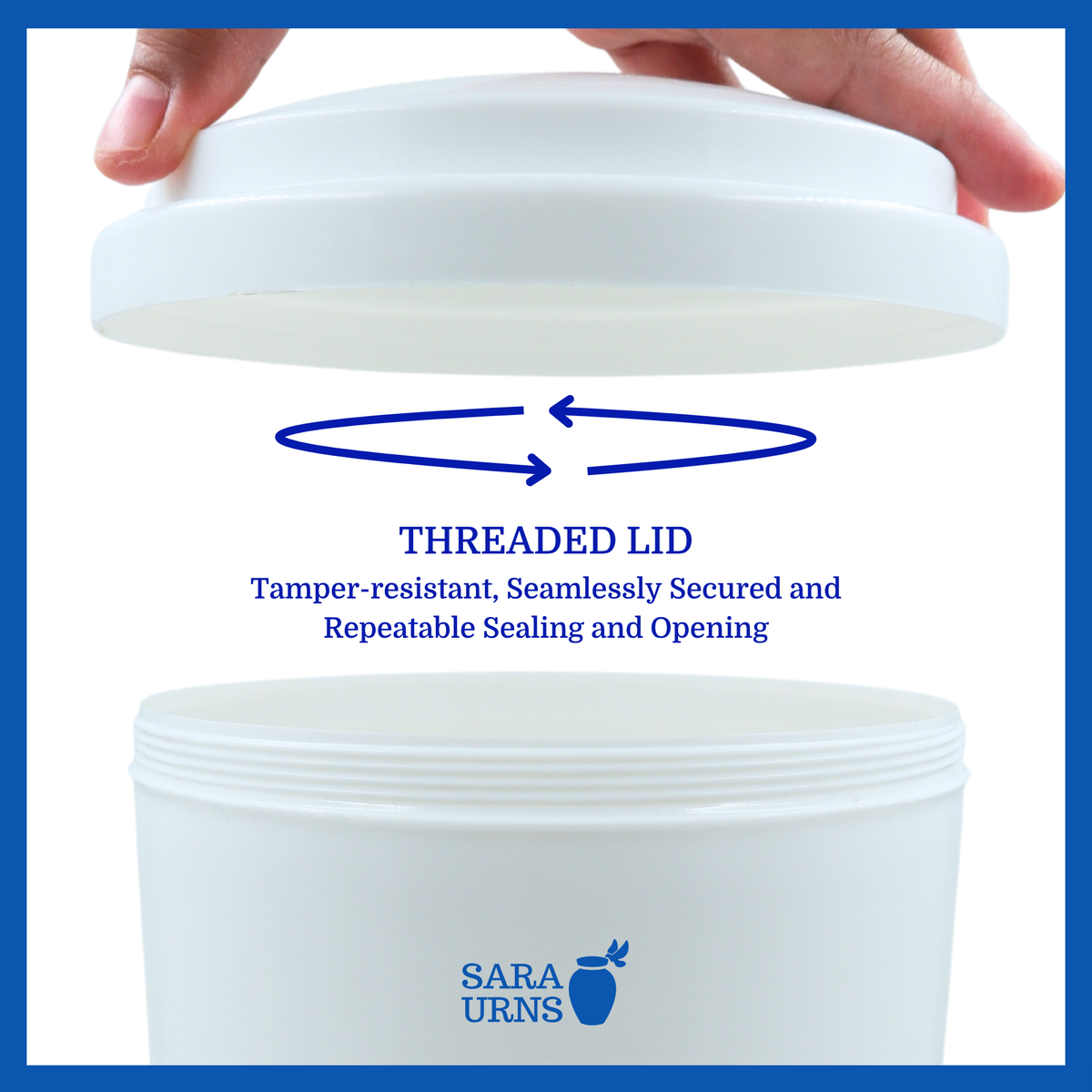 A presentation of the white plastic travel urn’s secure threaded cap, highlighting its safety and secure closure.