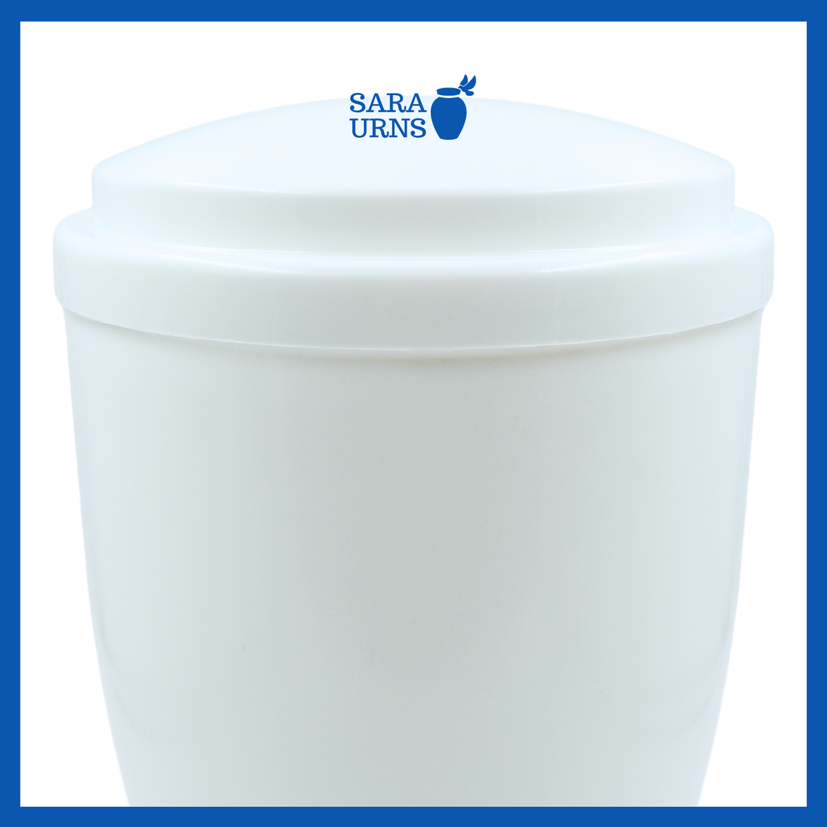 A close-up angle of the white plastic travel urn highlighting its HDPE plastic construction and secure threaded cap.