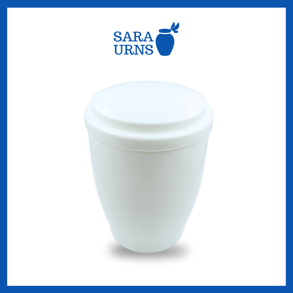 A higher angle of a white HDPE plastic travel urn showcasing its clean, simple design and secure threaded cap over a white background.