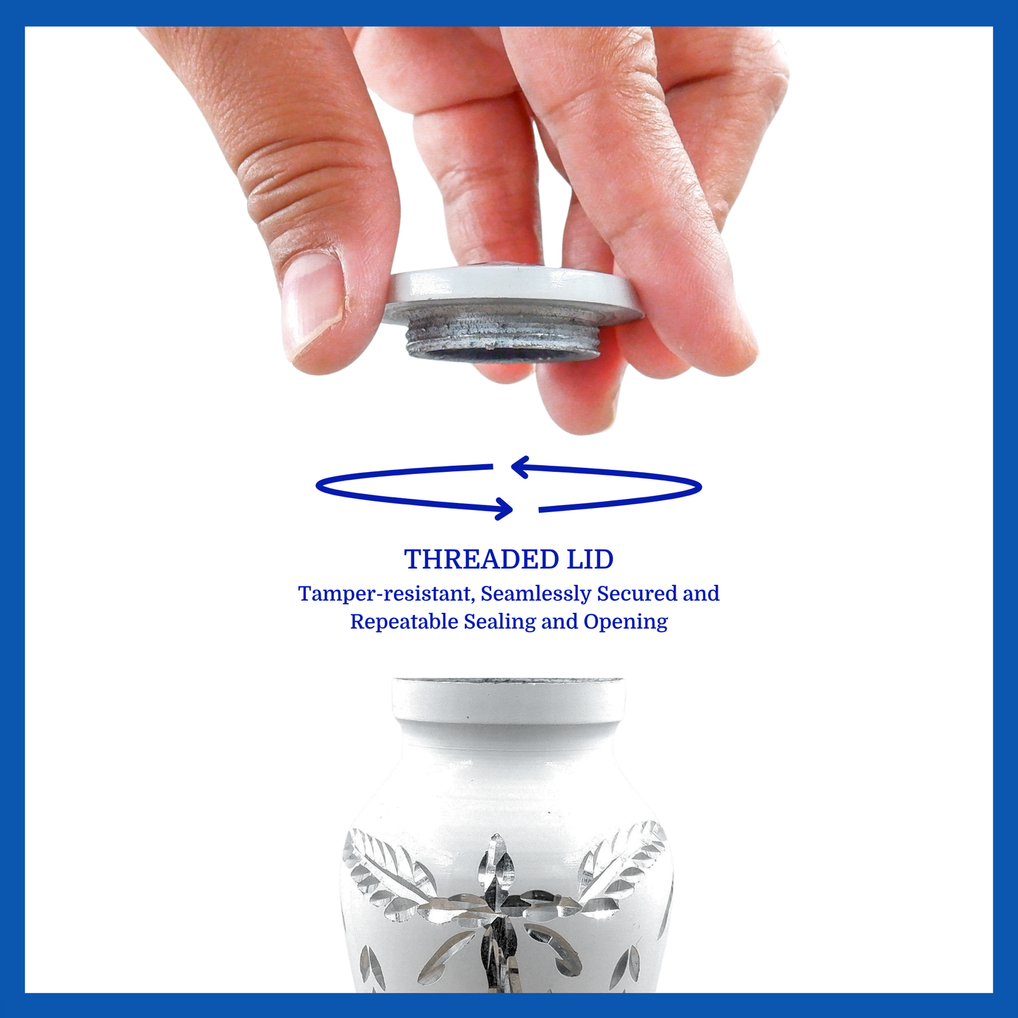 A presentation of a white aluminum metal keepsake urn’s threaded lid which highlights its safety and security.
