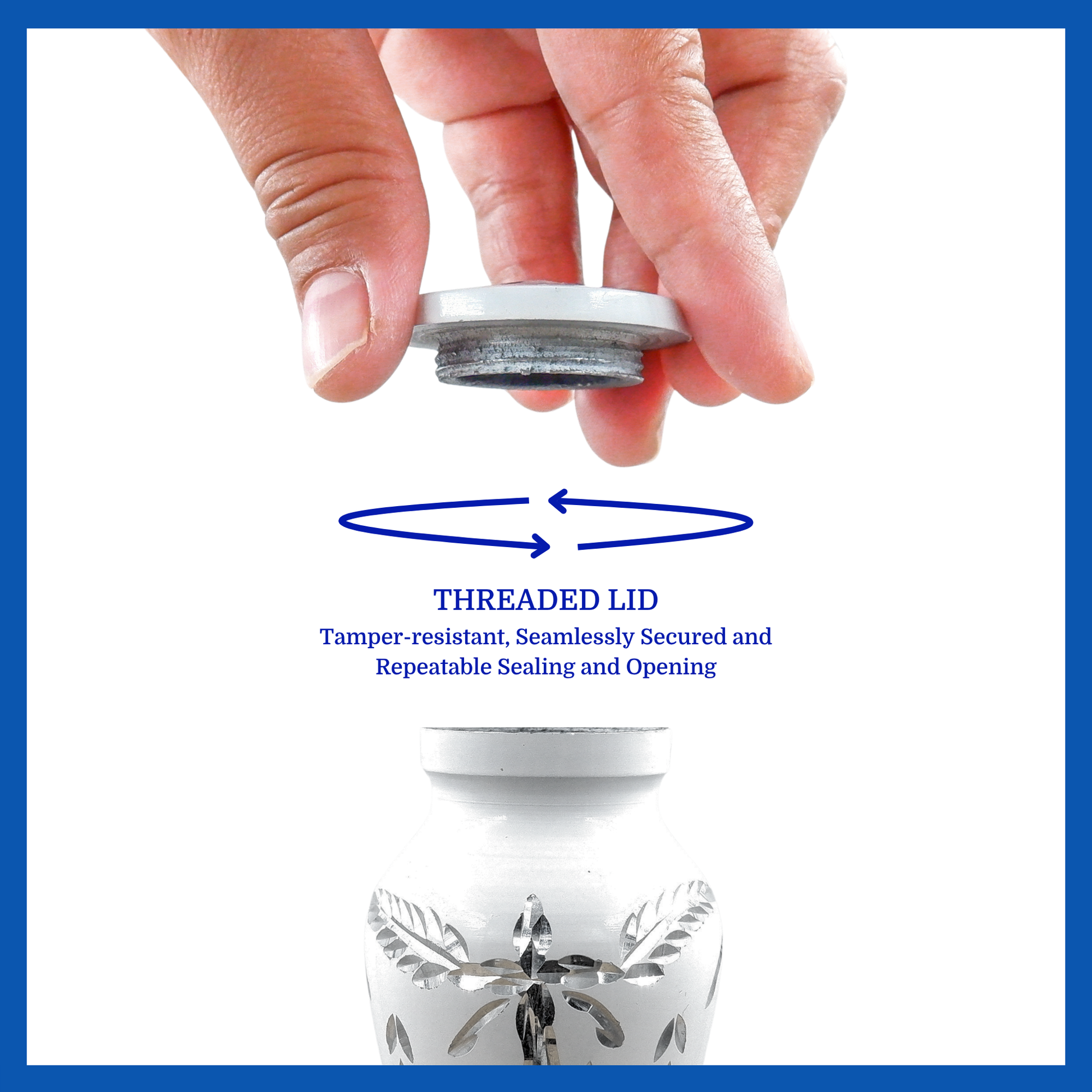 A presentation of a white aluminum metal keepsake urn’s threaded lid which highlights its safety and security.