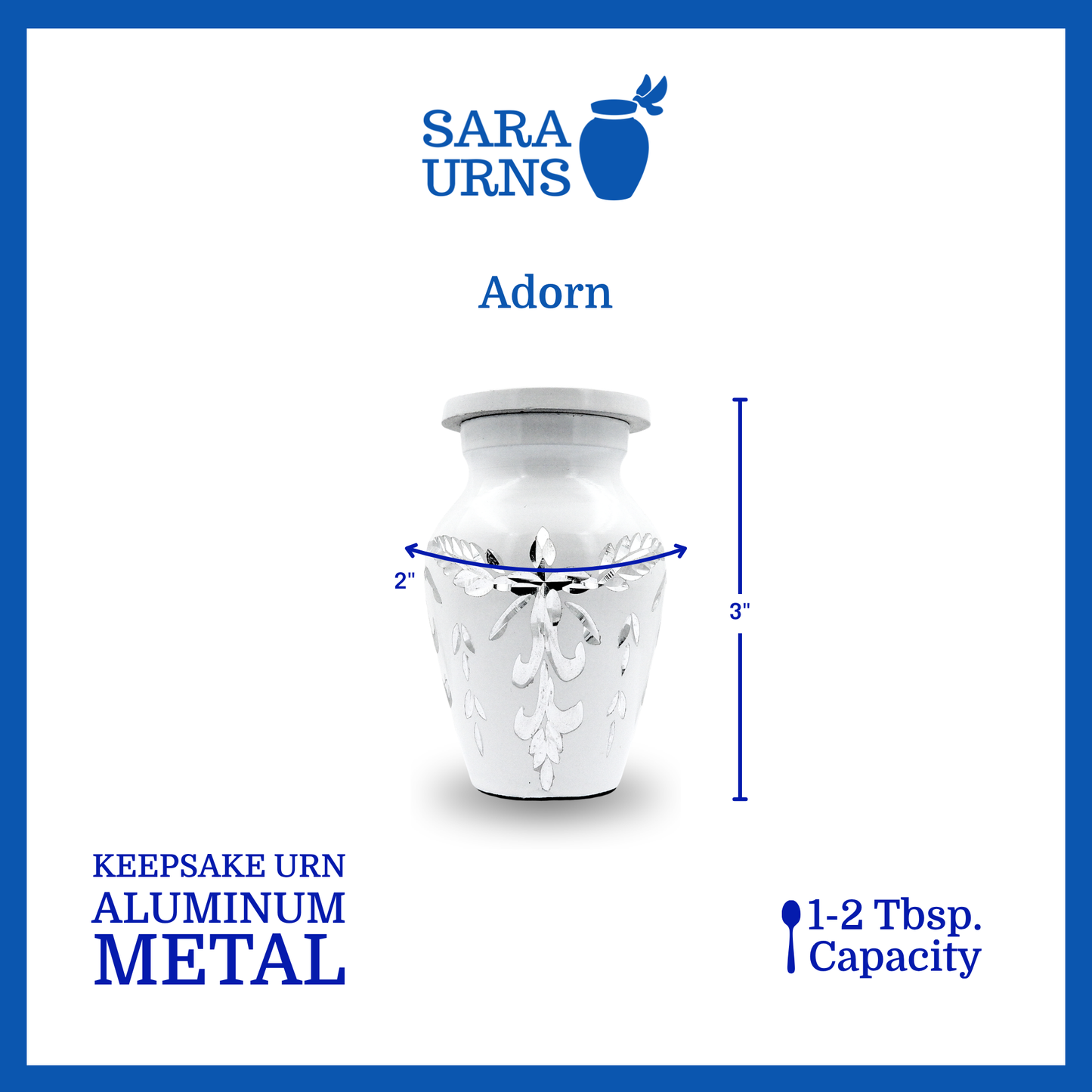 A white aluminum metal keepsake urn with an engraved gem-like design that is specified as 2 inches in diameter, 3 inches tall and can fit approximately 1 to 2 tablespoons of ashes.