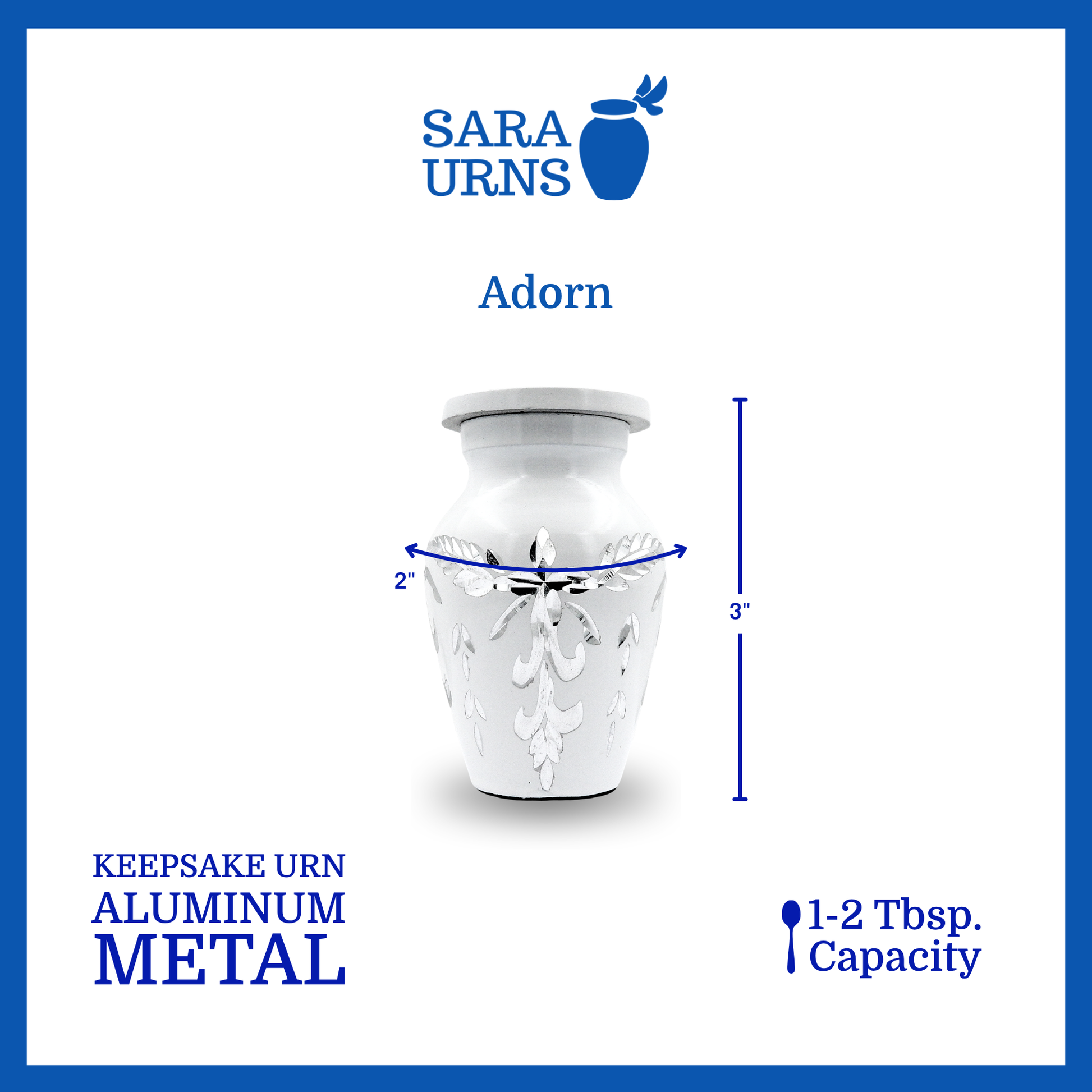 A white aluminum metal keepsake urn with an engraved gem-like design that is specified as 2 inches in diameter, 3 inches tall and can fit approximately 1 to 2 tablespoons of ashes.