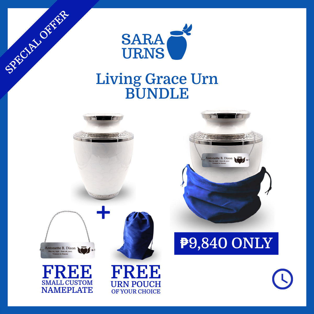 Living Grace Urn Promo Bundle with free nameplate and free urn pouch