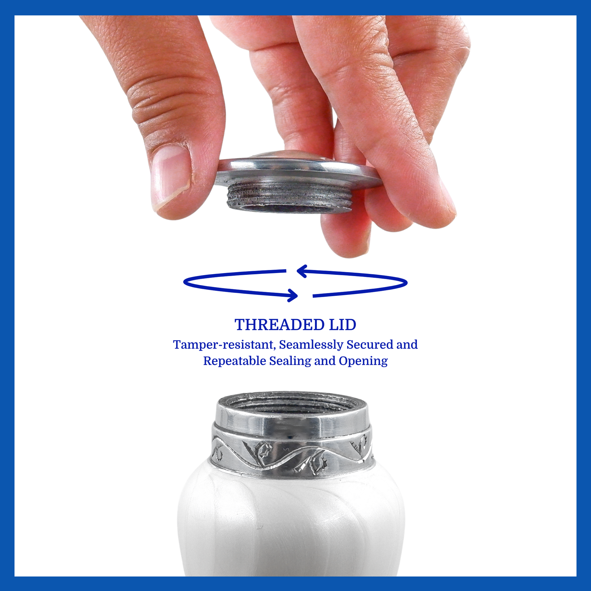 A presentation of a white aluminum metal keepsake urn’s threaded lid which highlights its safety and security.
