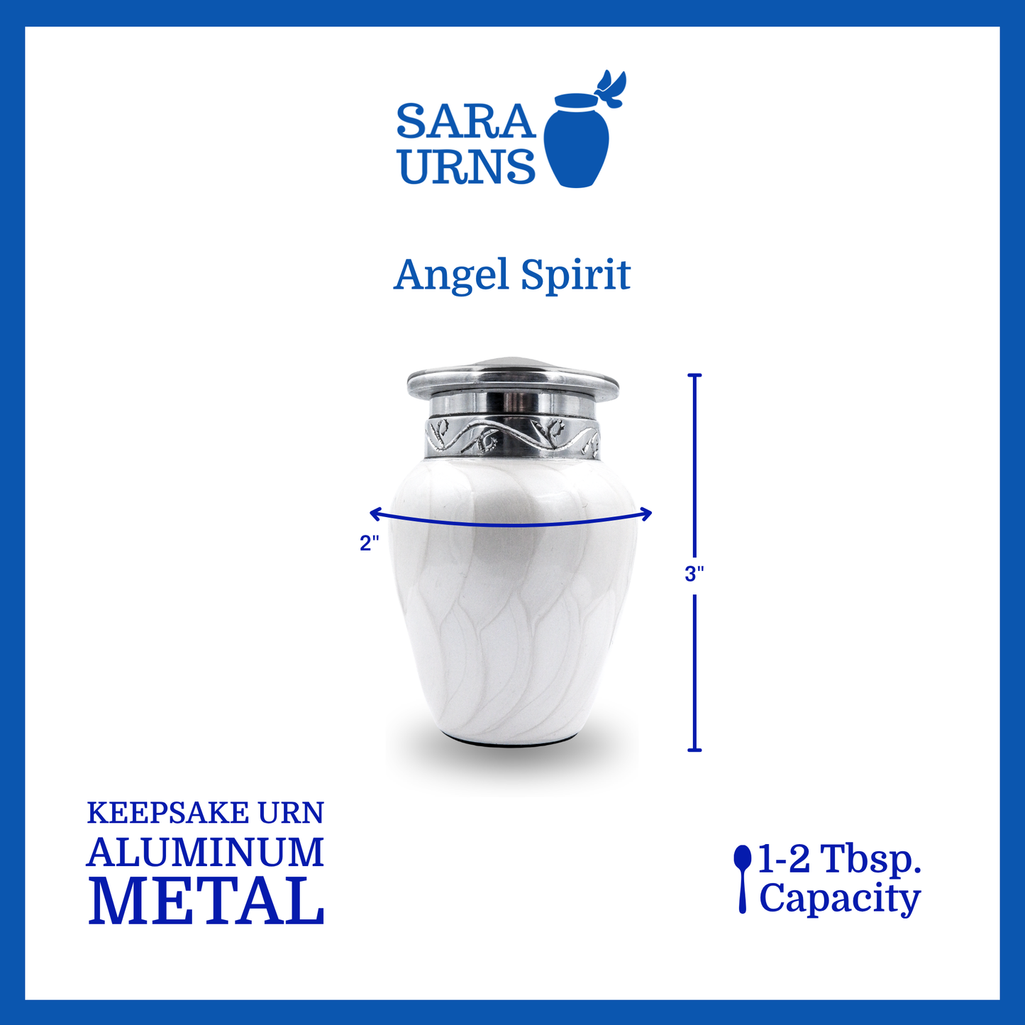 A white aluminum metal keepsake urn with a silver hand-etched design that is specified as 2 inches in diameter, 3 inches tall and can fit approximately 1 to 2 tablespoons of ashes.