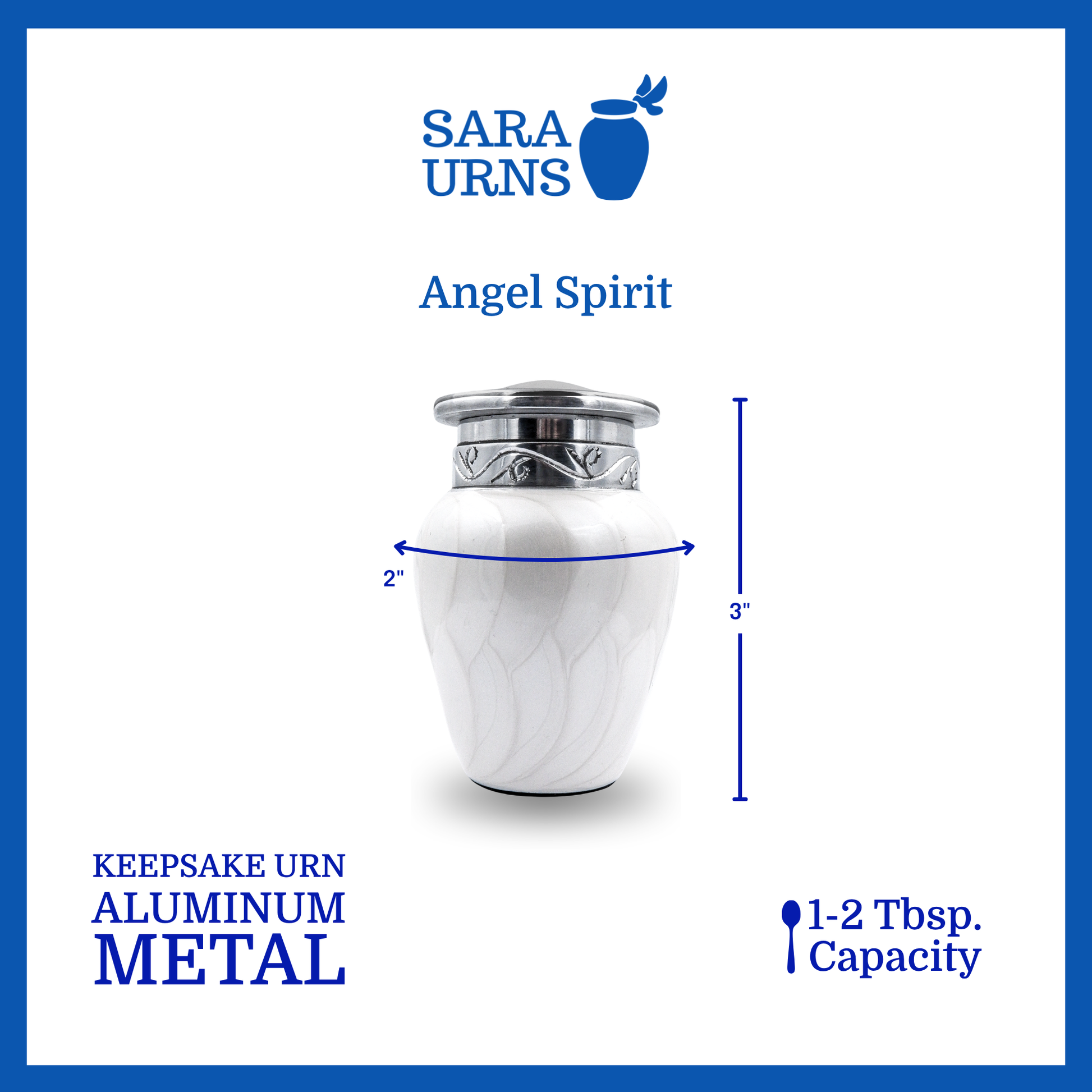 A white aluminum metal keepsake urn with a silver hand-etched design that is specified as 2 inches in diameter, 3 inches tall and can fit approximately 1 to 2 tablespoons of ashes.