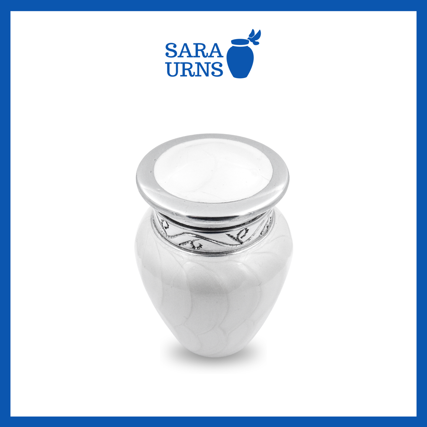 A higher angle of a white aluminum metal keepsake urn with a silver hand-etched design over a white background.