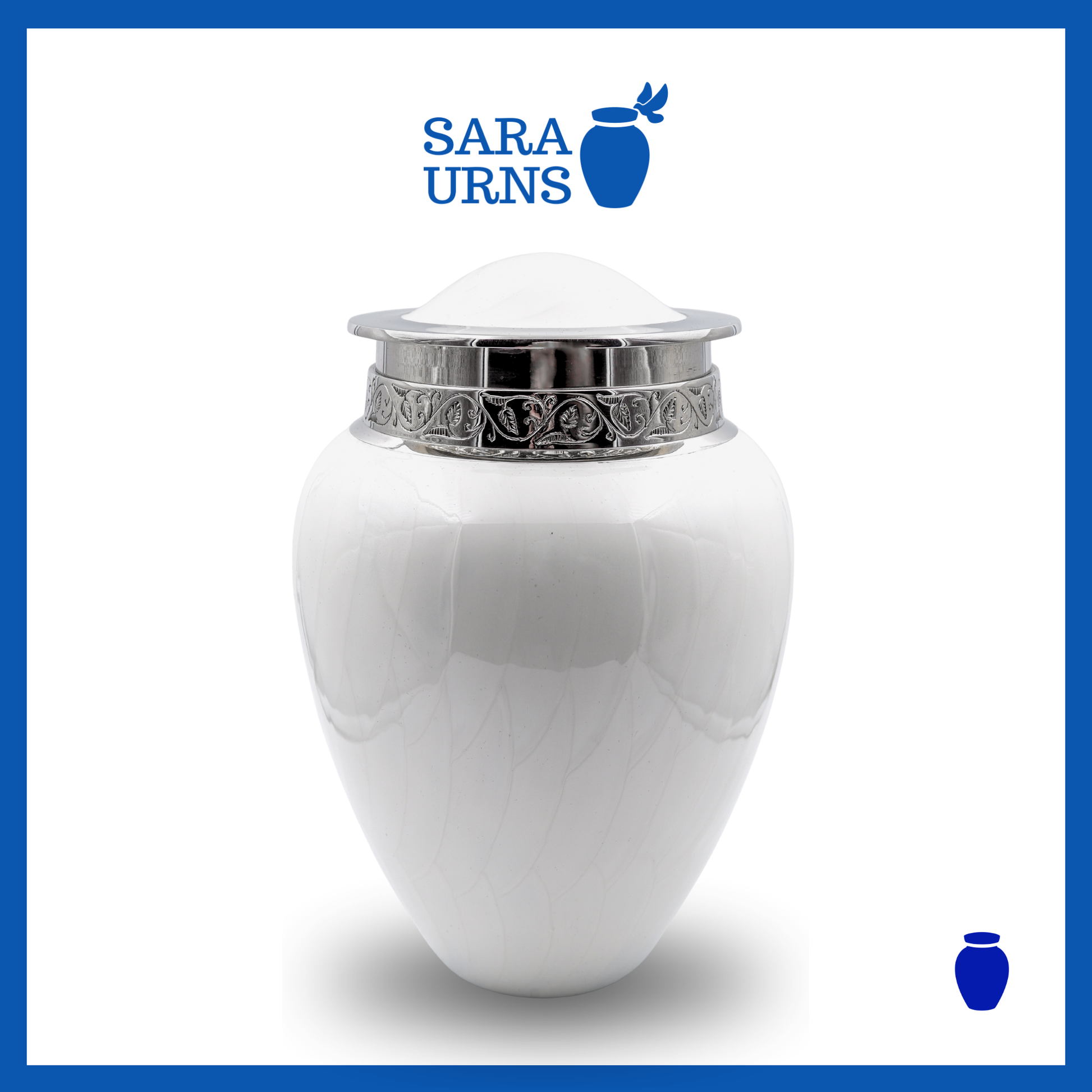 A white polished brass metal urn with an enamel finish and hand-etched details over a white background.