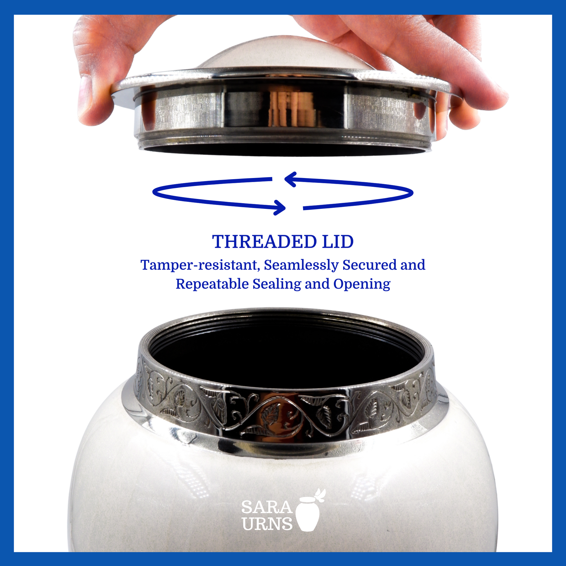 A presentation of a white polished brass metal urn’s threaded lid which highlights its safety and security.