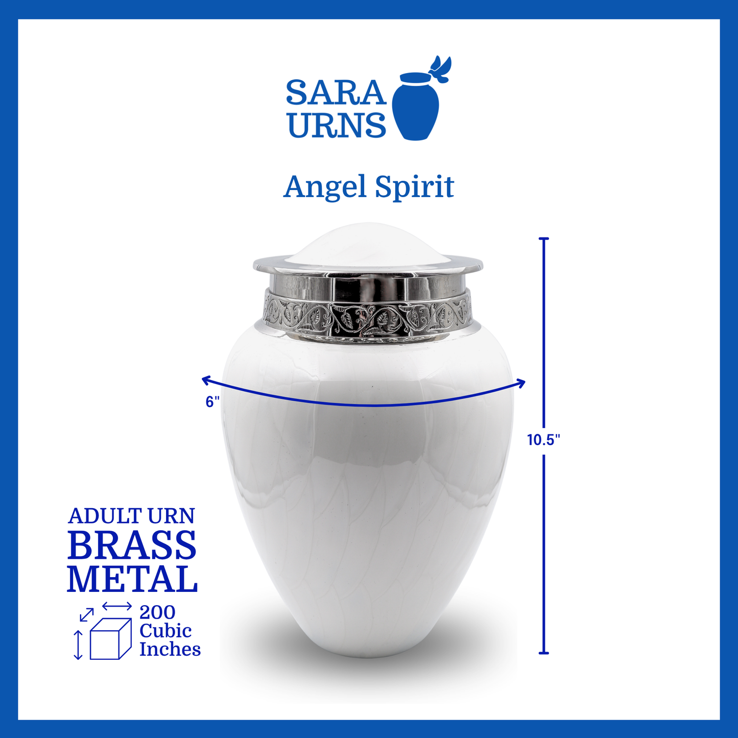 A white polished brass metal urn that is specified as 6 inches in diameter, 10.5 inches tall and is 200 cubic inches.