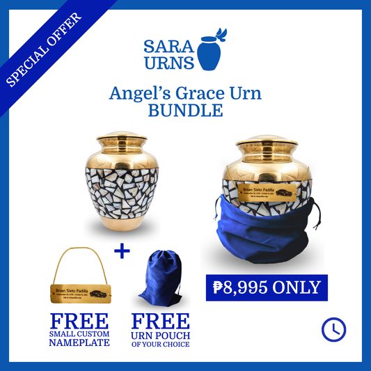A presentation of a golden polished brass metal urn that is bundled with a free small custom nameplate and free urn pouch for only 8,995 pesos.