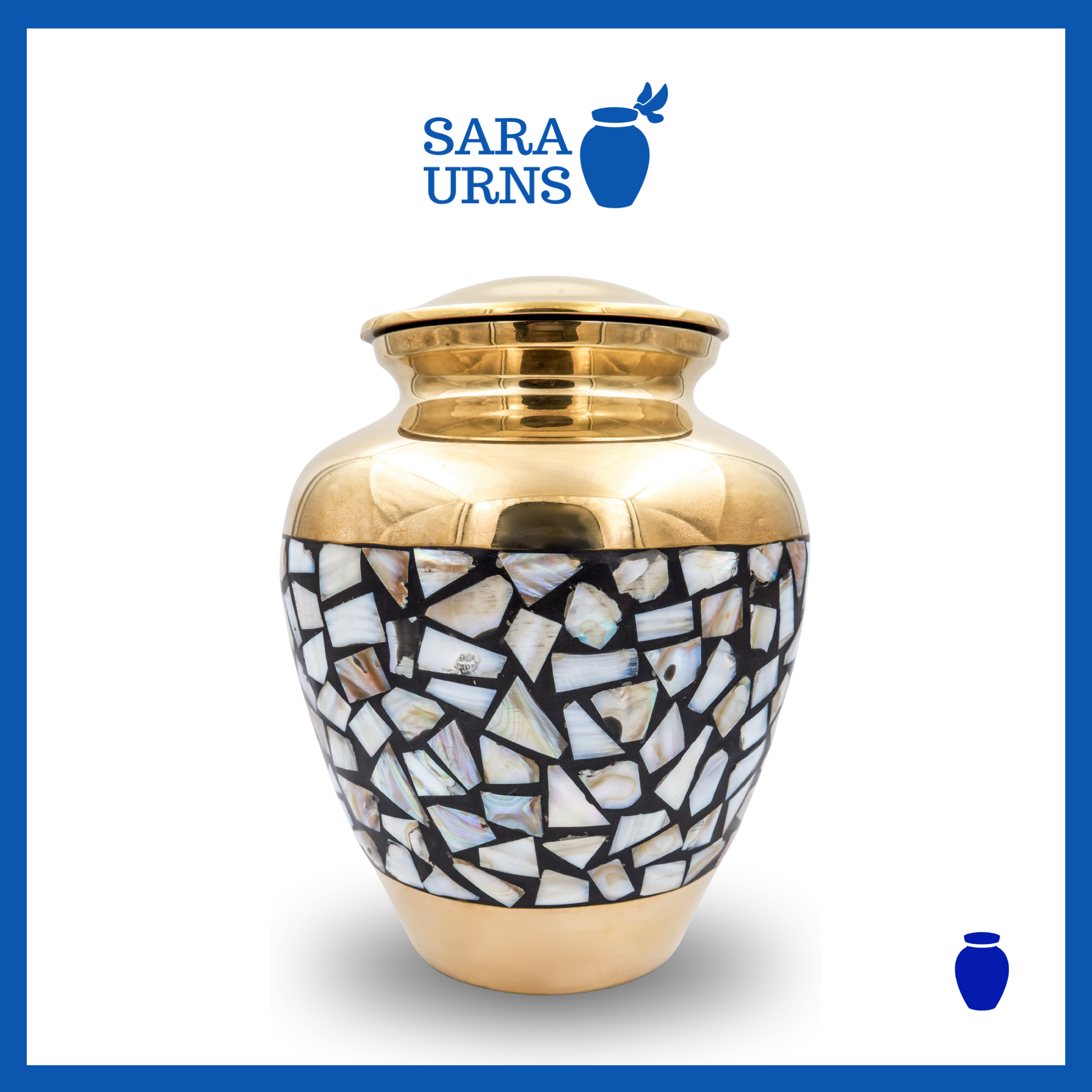 A golden polished brass metal urn with a shell mosaic design over a white background.