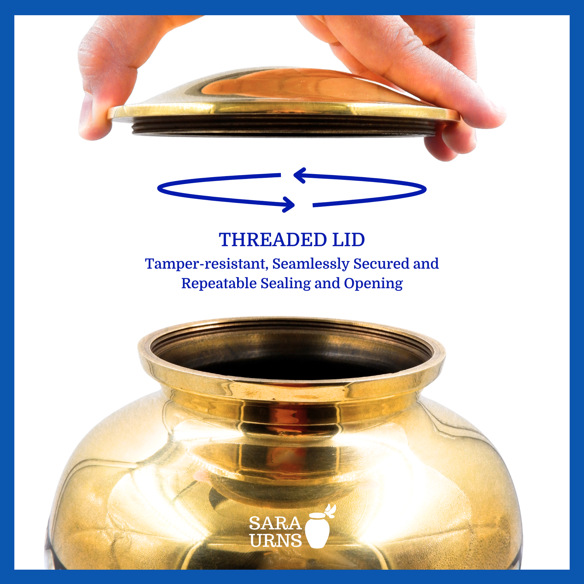 A presentation of a golden polished brass metal urn’s threaded lid, which highlights its safety and security.