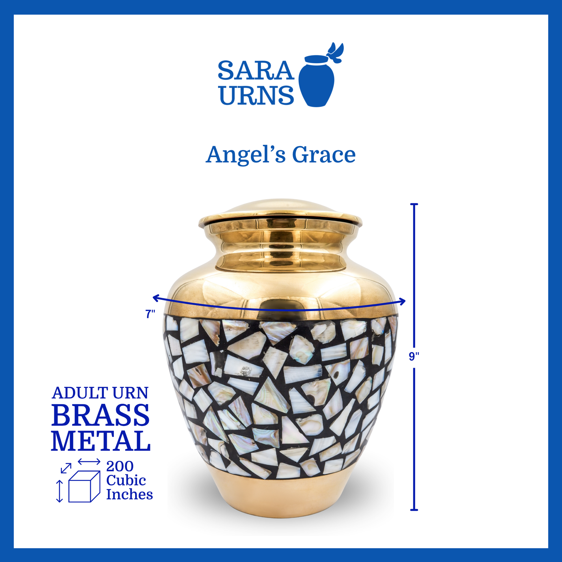 A golden polished brass metal urn with a shell mosaic design that is specified as 7 inches in diameter, 9 inches tall and is 200 cubic inches.