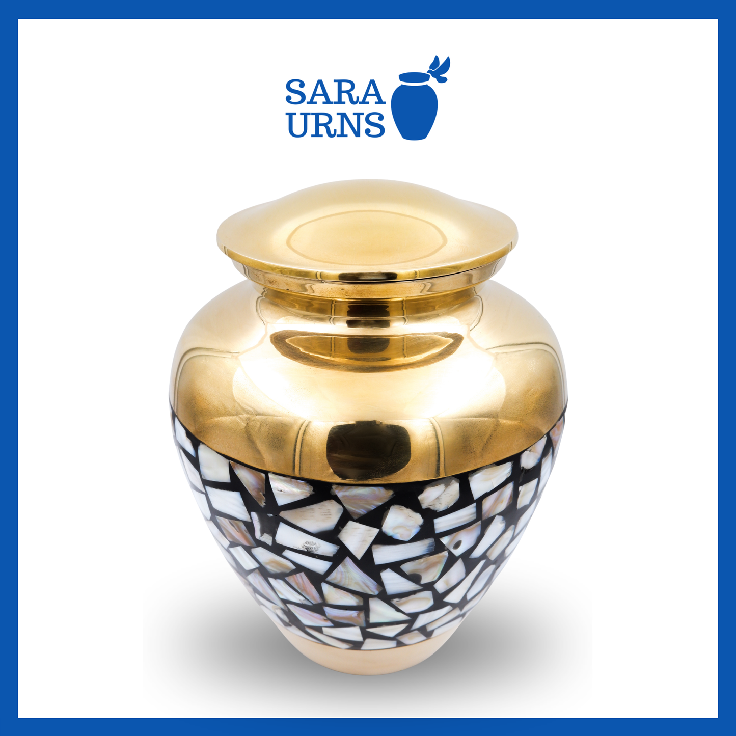 A higher angle of a golden polished brass metal urn with a shell mosaic design all over its body over a white background.