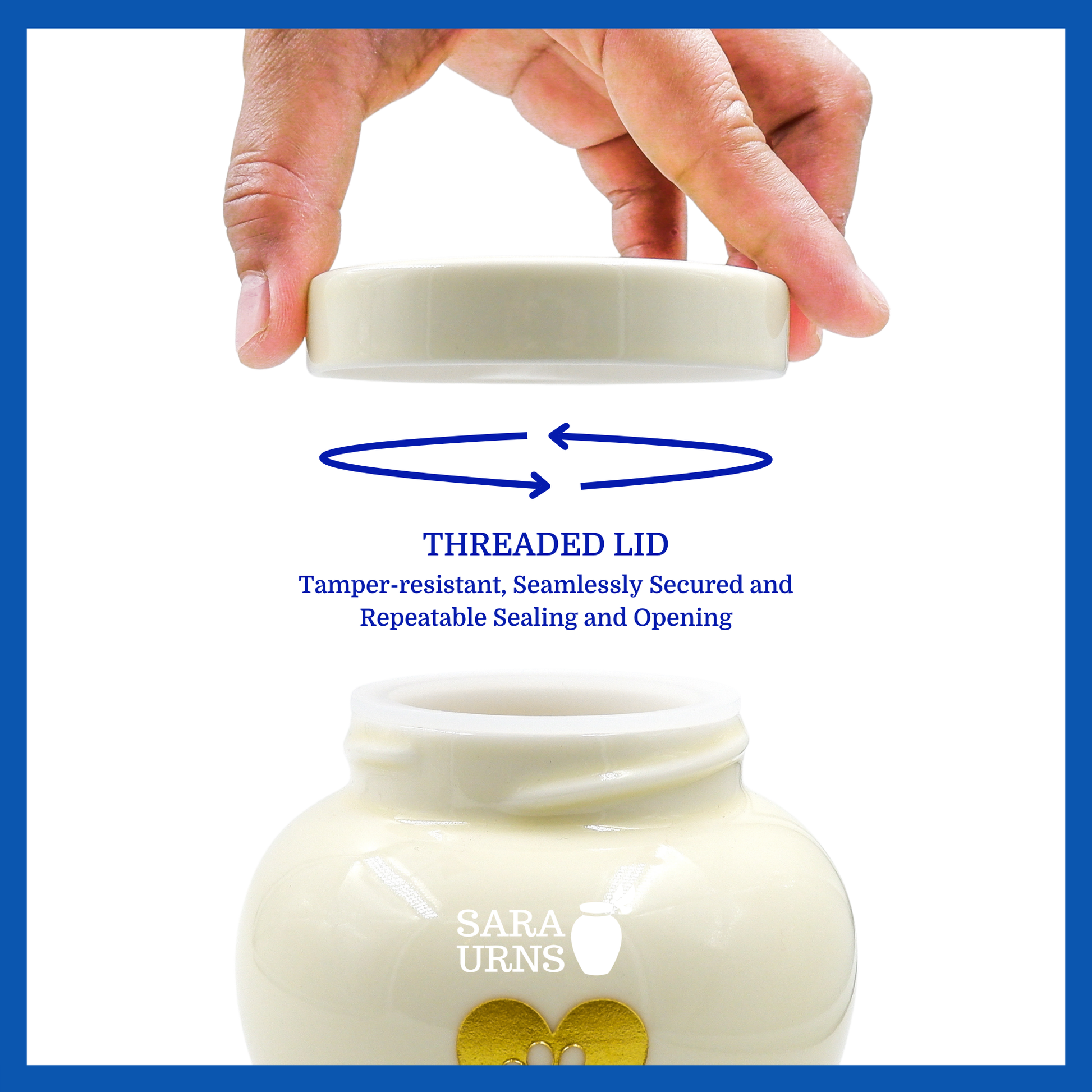 A presentation of a beige polished ceramic pet urn’s threaded lid which highlights its security.
