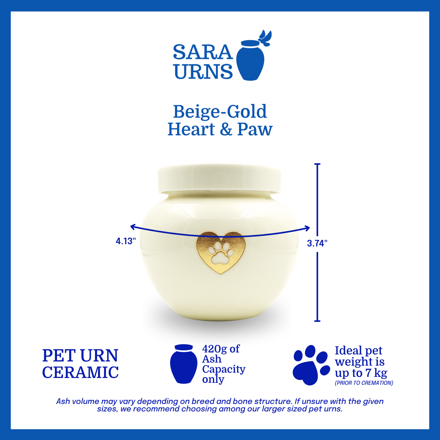 A beige polished ceramic pet urn that is specified as 4.13 inches in width and 3.74 inches tall with an ash capacity of 420 grams.