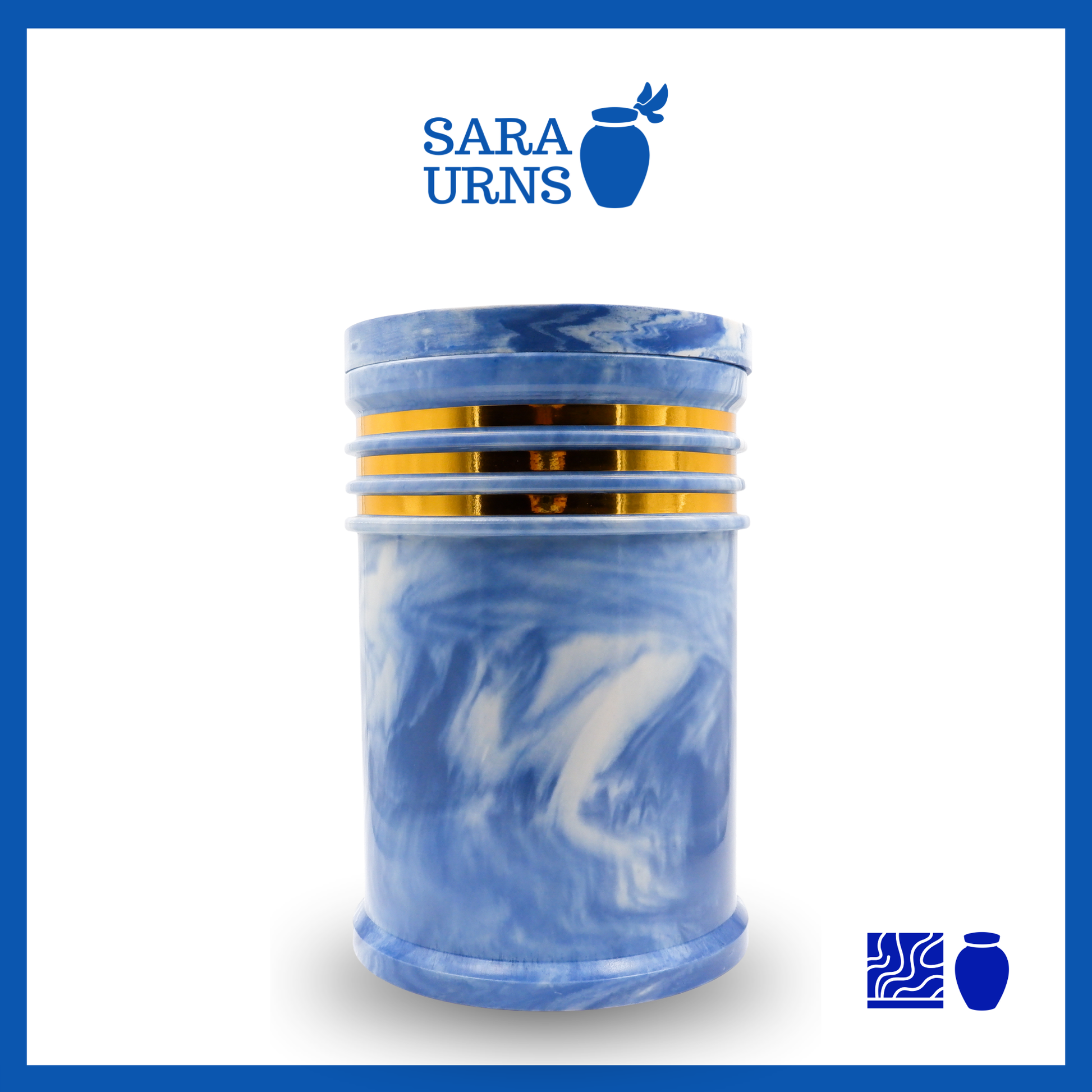 A polished blue cultured marble urn with an abstract, liquid marble pattern and gold detail over a white background.