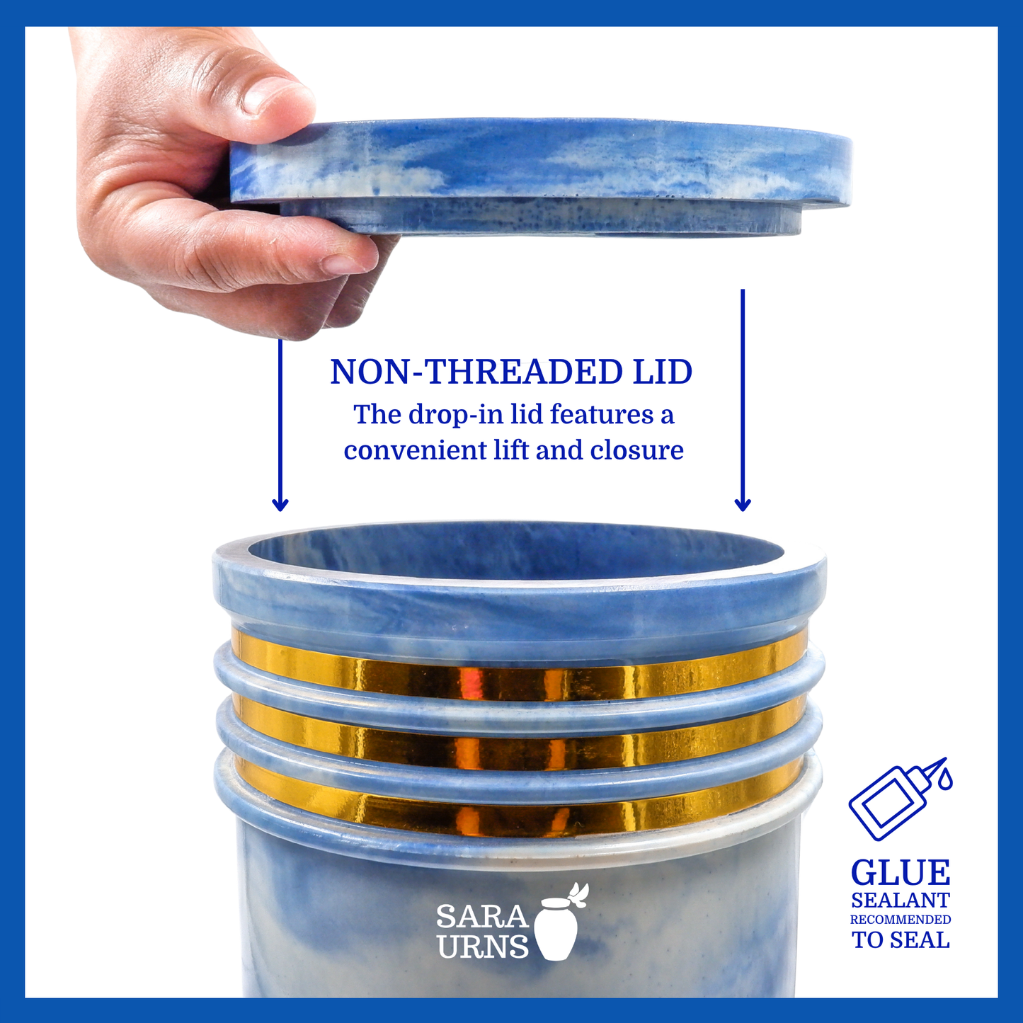 A presentation of a blue cultured marble urn’s non-threaded lid which highlights its accessibility.