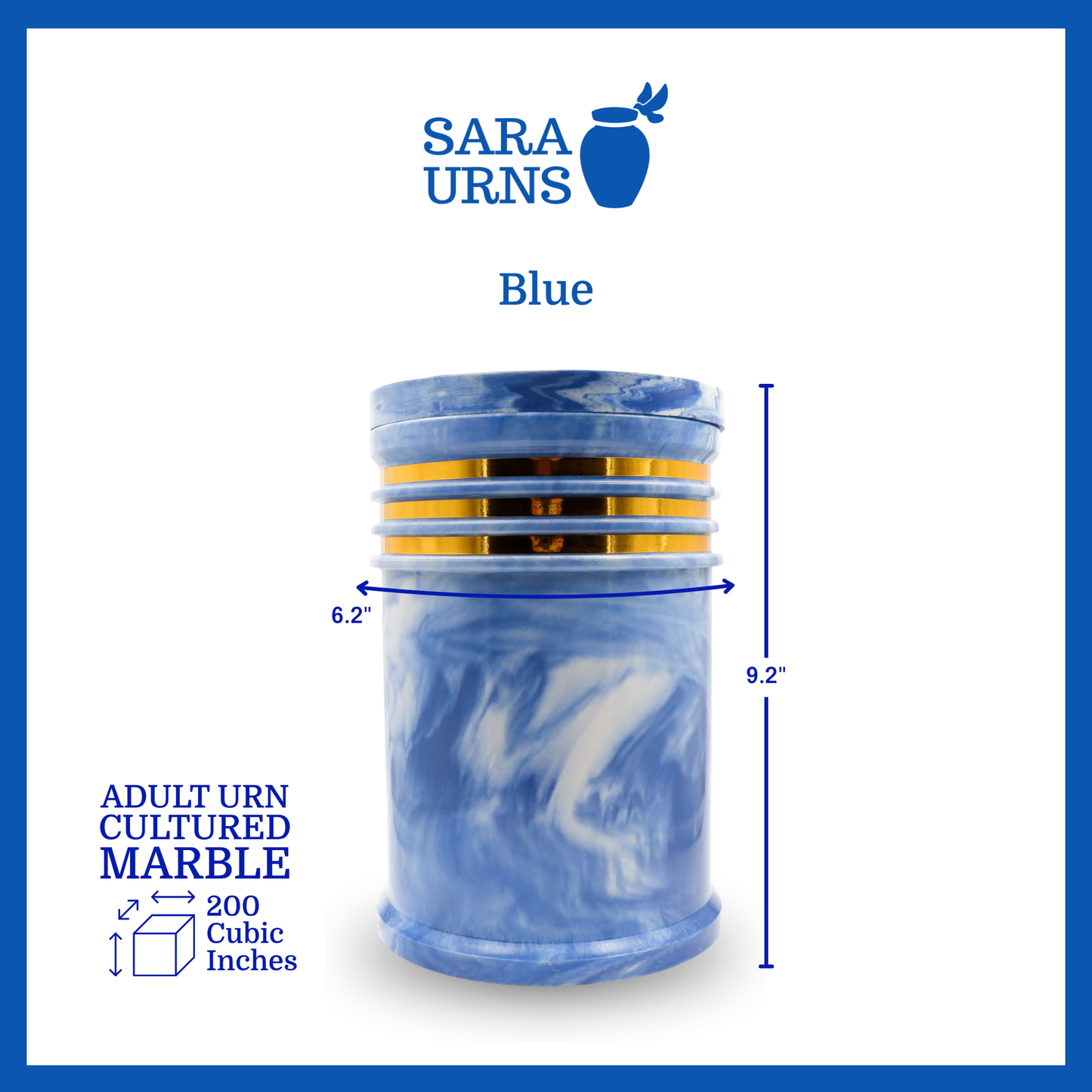 A blue cultured marble urn that is specified as 6.2 inches in diameter, 9.2 inches tall and is 200 cubic inches.
