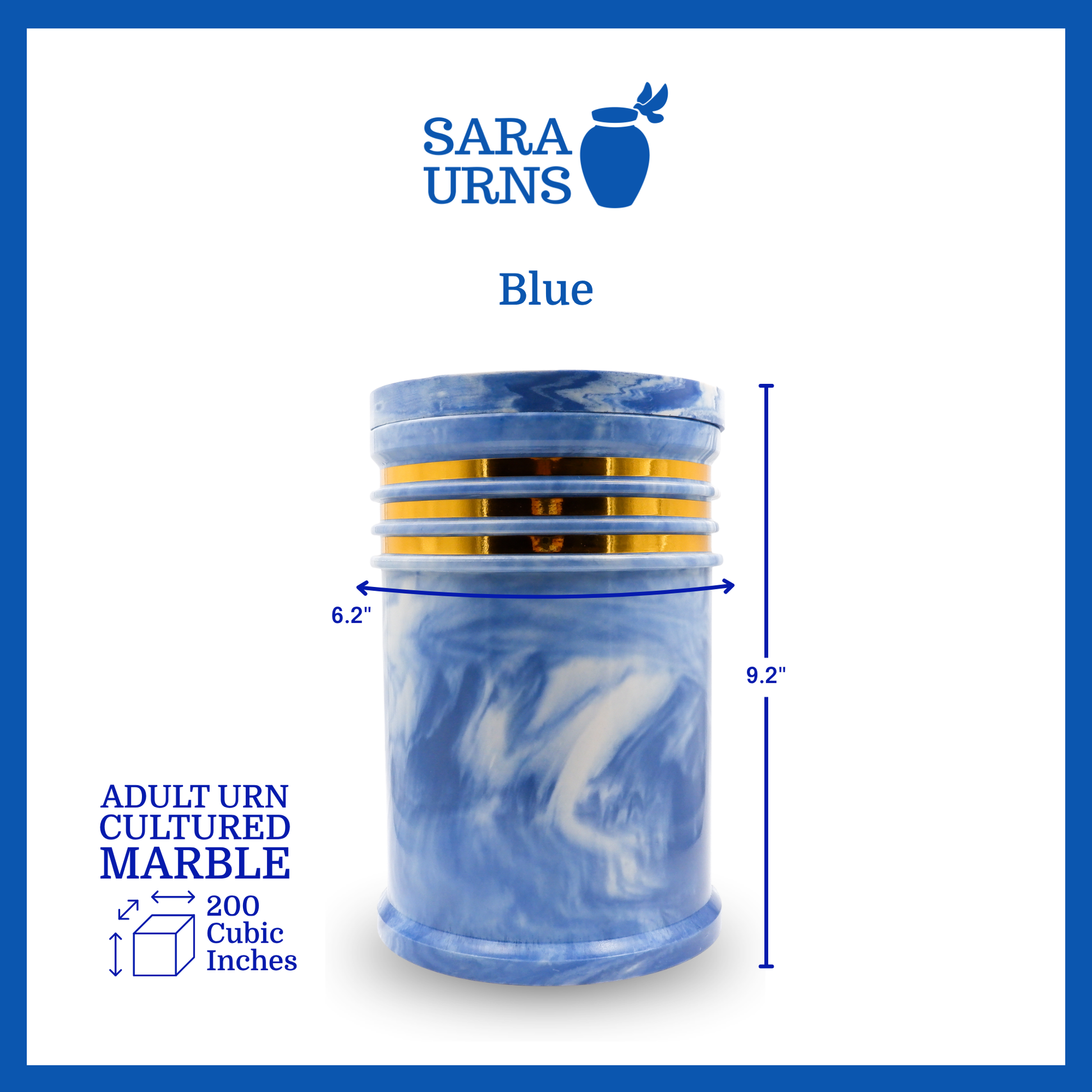 A blue cultured marble urn that is specified as 6.2 inches in diameter, 9.2 inches tall and is 200 cubic inches.