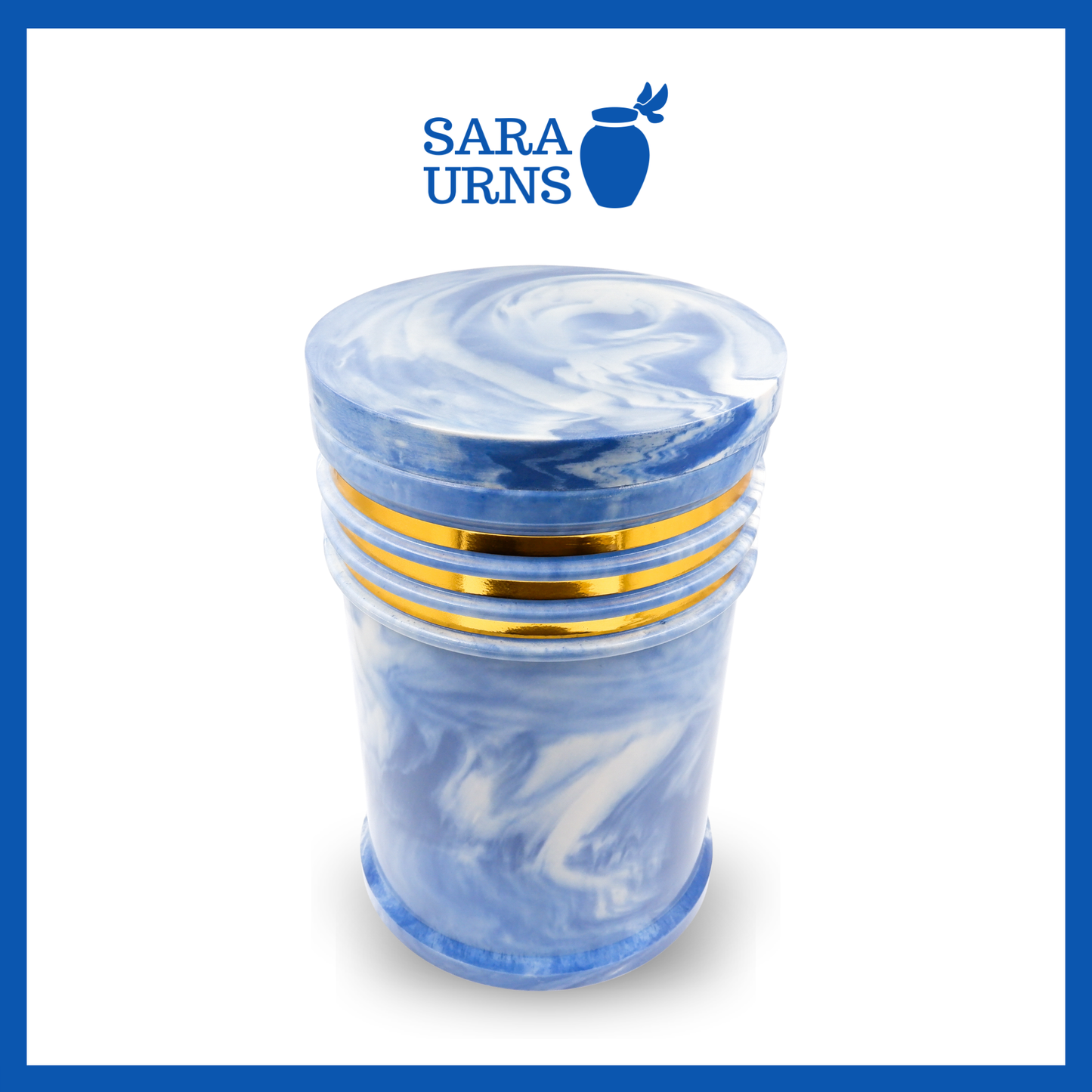 A higher angle of a blue polished cultured marble urn with an abstract, liquid marble pattern and gold detail over a white background.