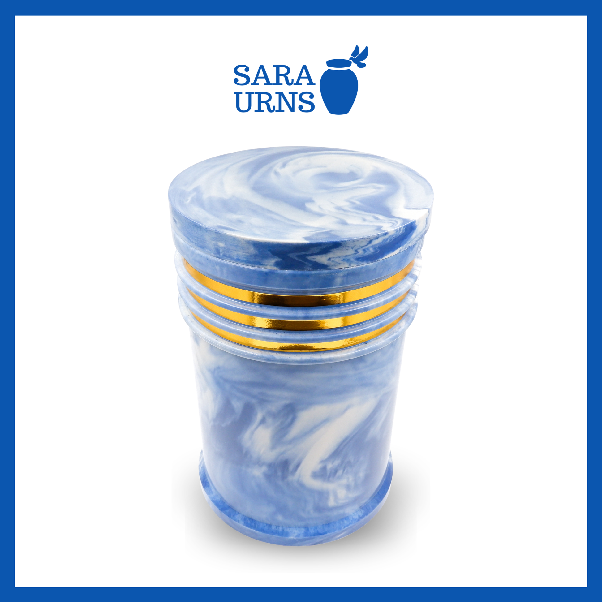 A higher angle of a blue polished cultured marble urn with an abstract, liquid marble pattern and gold detail over a white background.