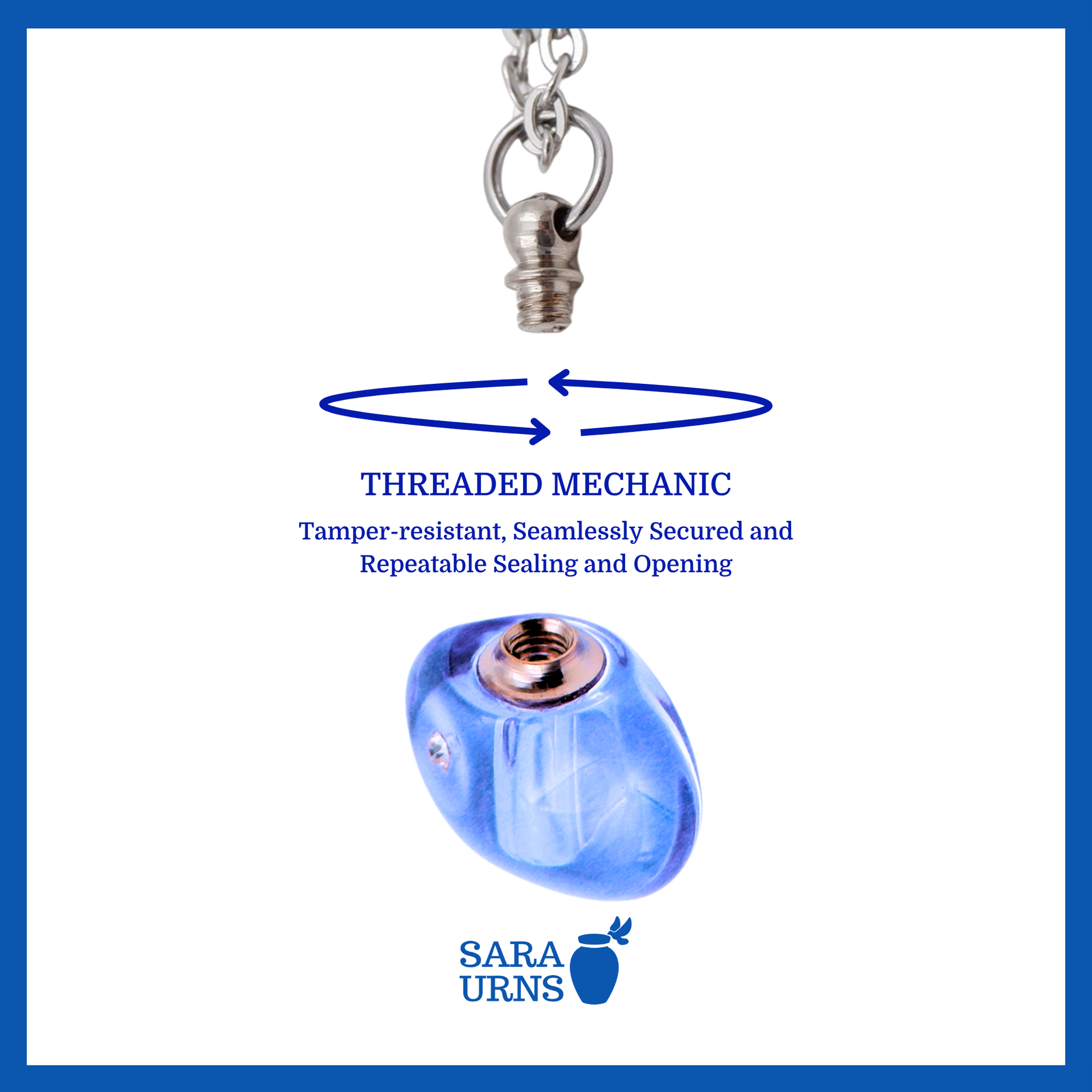 A presentation of a blue, jewel-like ash necklace’s threaded lid which highlights its safety and security.