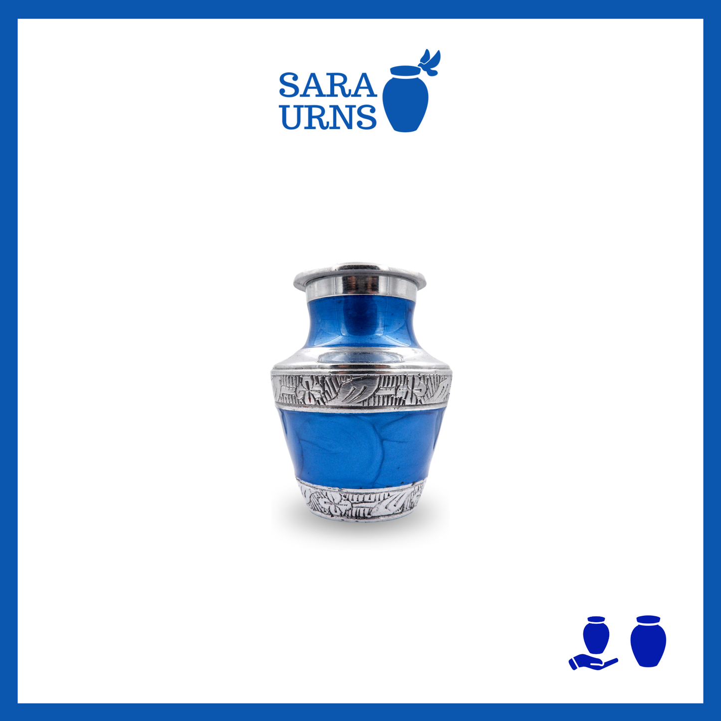 A blue aluminum metal keepsake urn with silver hand-etched designs across the body and lid over a white background.