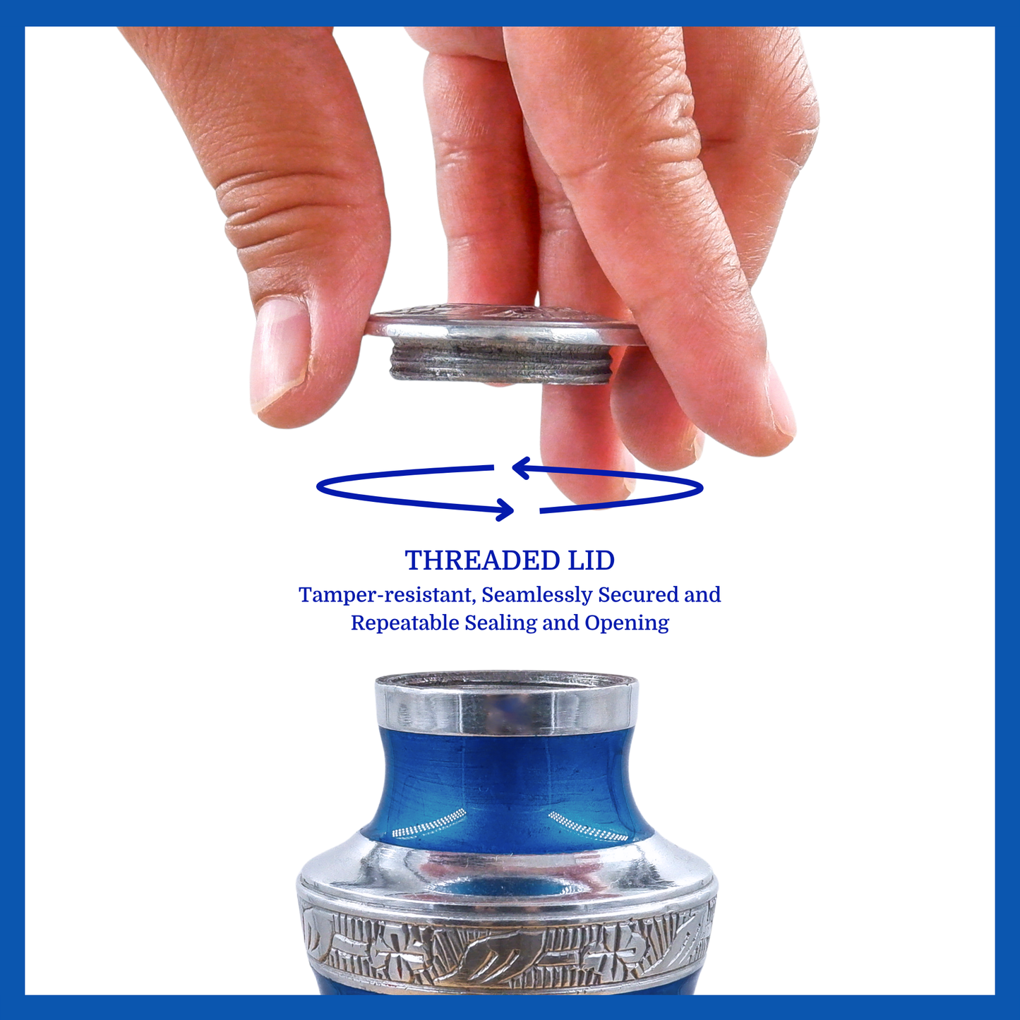A presentation of a blue aluminum metal keepsake urn’s threaded lid which highlights its safety and security.