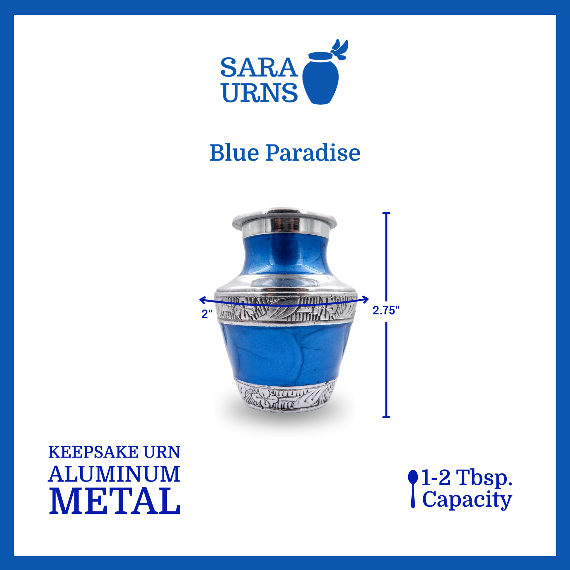 A blue aluminum metal keepsake urn with silver hand-etched designs across the body and lid that is specified as 2 inches in diameter, 2.75 inches tall and can fit approximately 1 to 2 tablespoons of ashes.