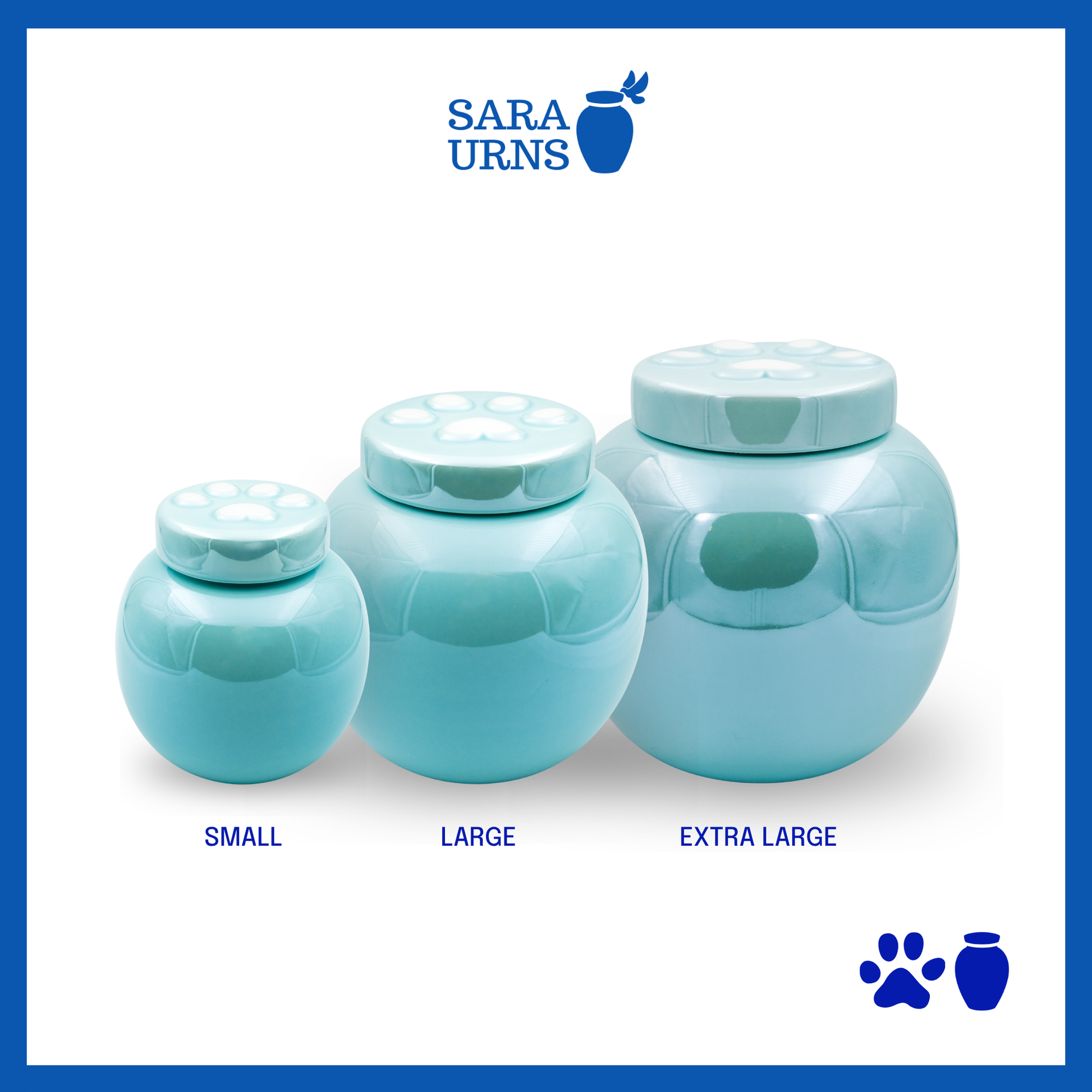 Different sizes of blue ceramic pet urns with a pearly finish and an embossed paw detail in the lid over a white background.