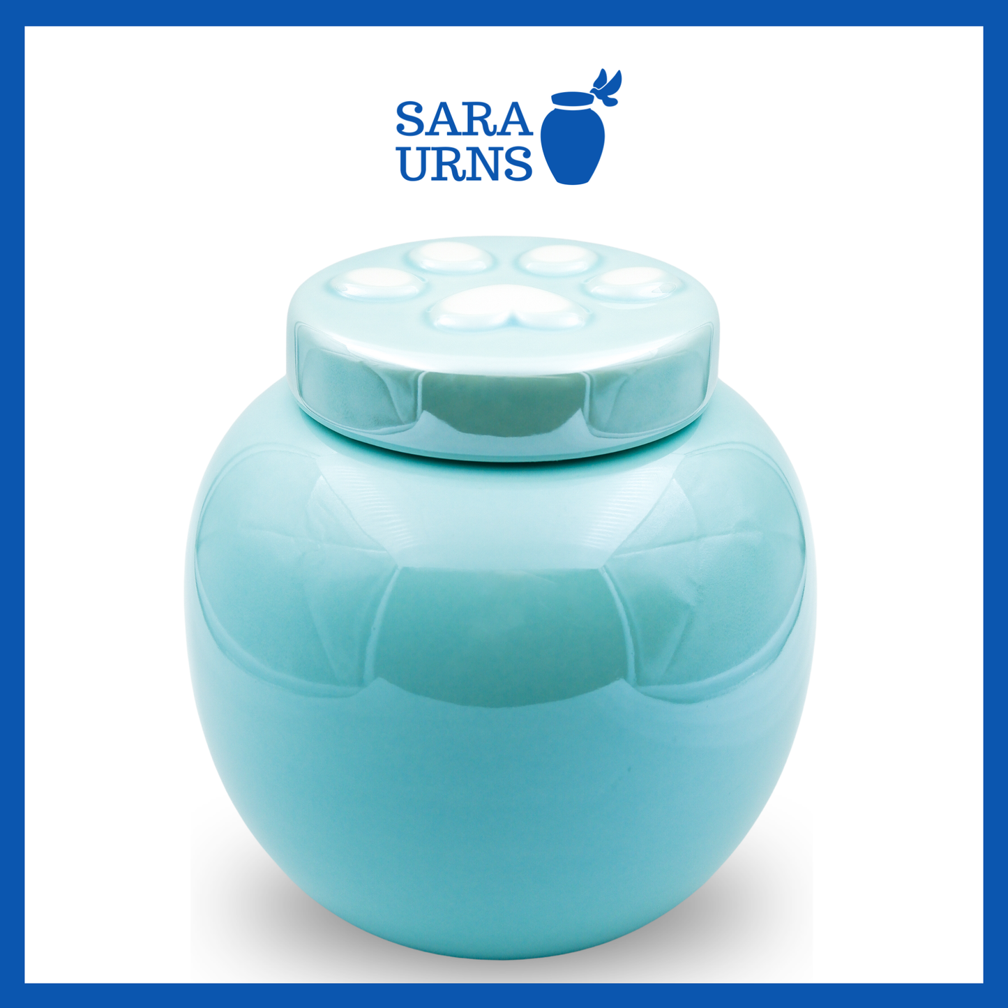 A close-up shot of a blue ceramic pet urn which highlights its pearly finish.