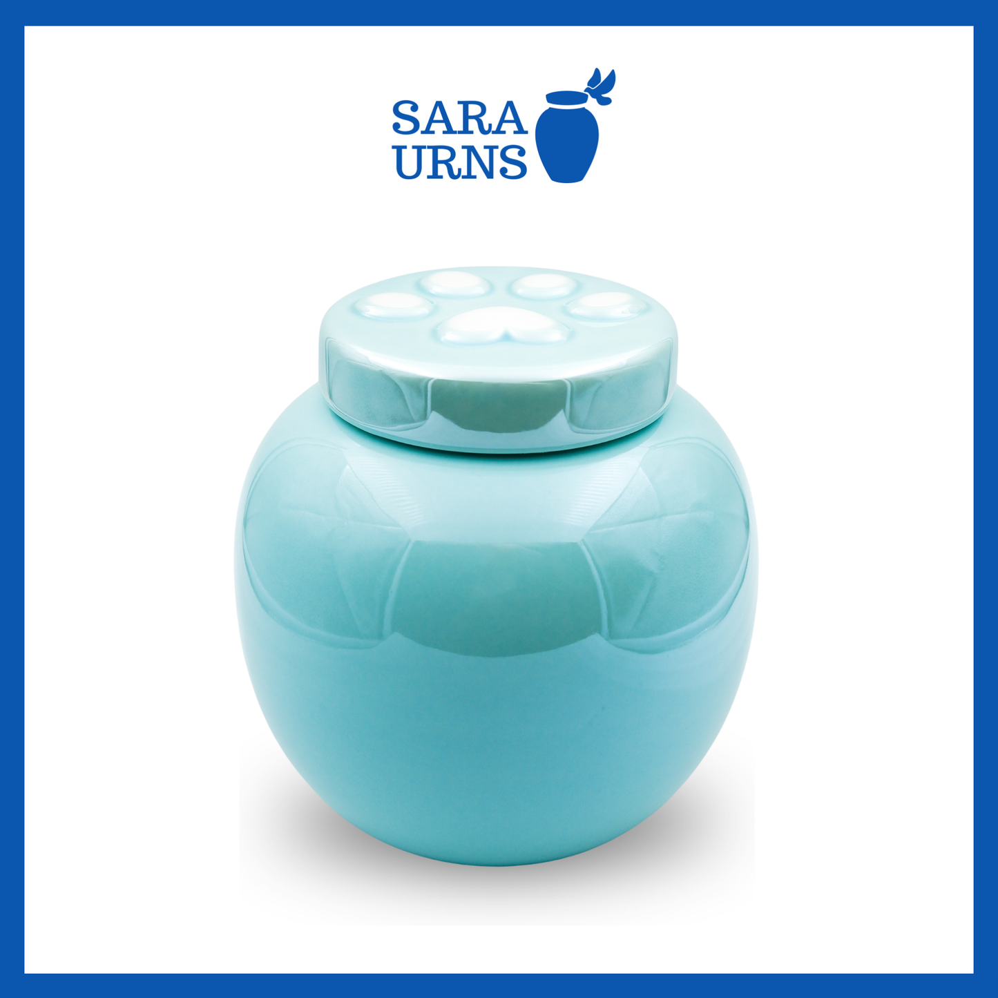 A close-up shot of a blue ceramic pet urn which highlights its pearly finish.