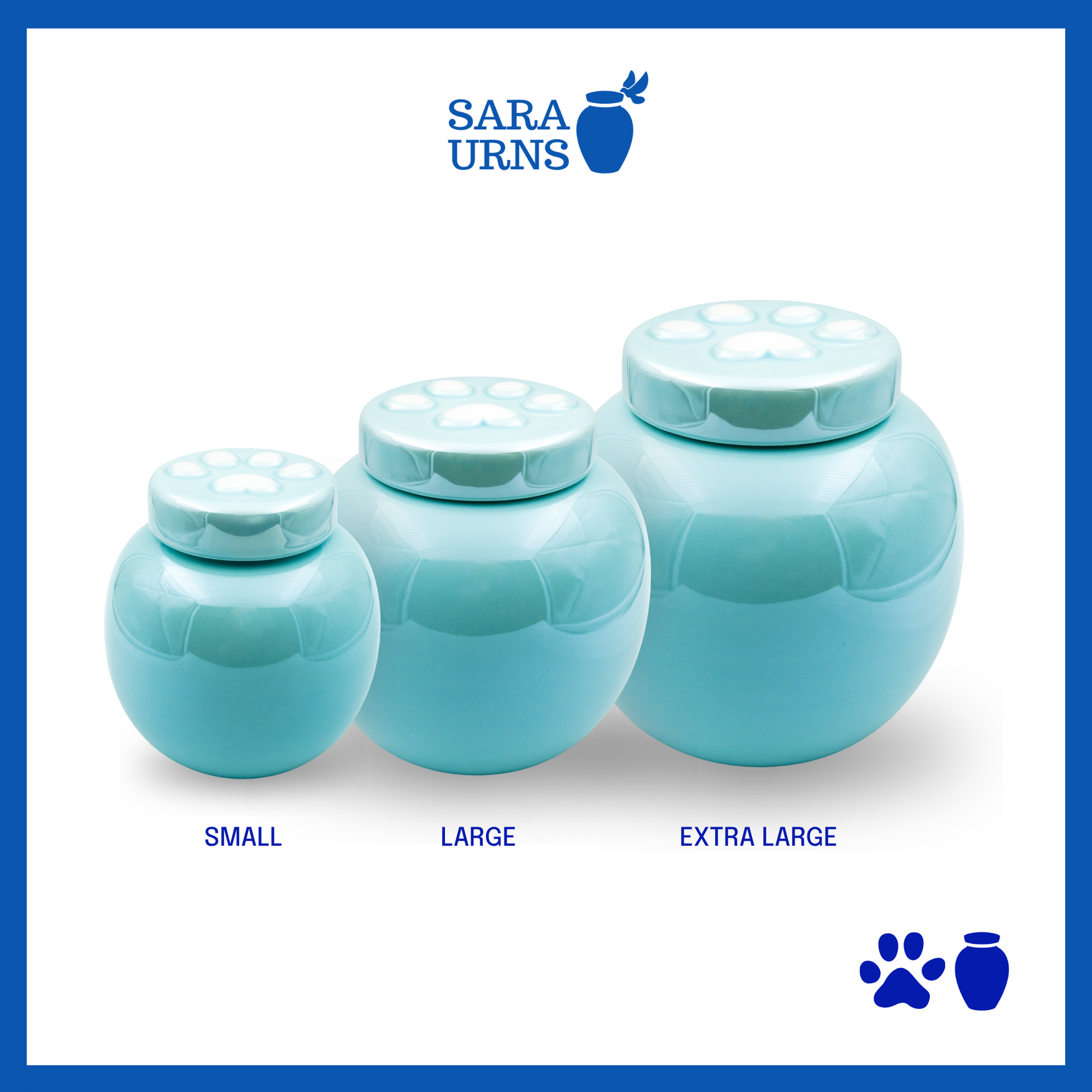 A blue ceramic pet urn with a pearly finish and an embossed paw detail in the lid over a white background.