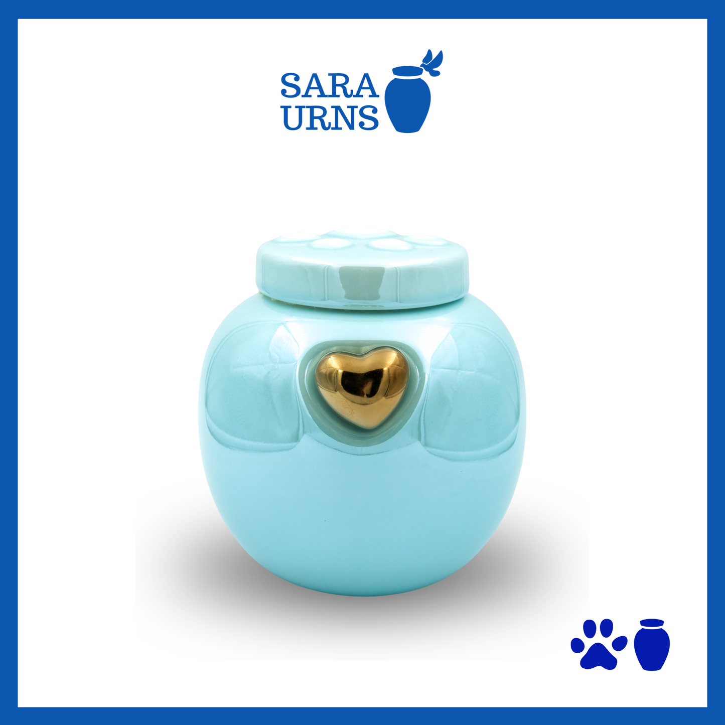 A blue ceramic pet urn with a pearly finish, a gold heart at its center and an embossed paw detail in the lid over a white background.