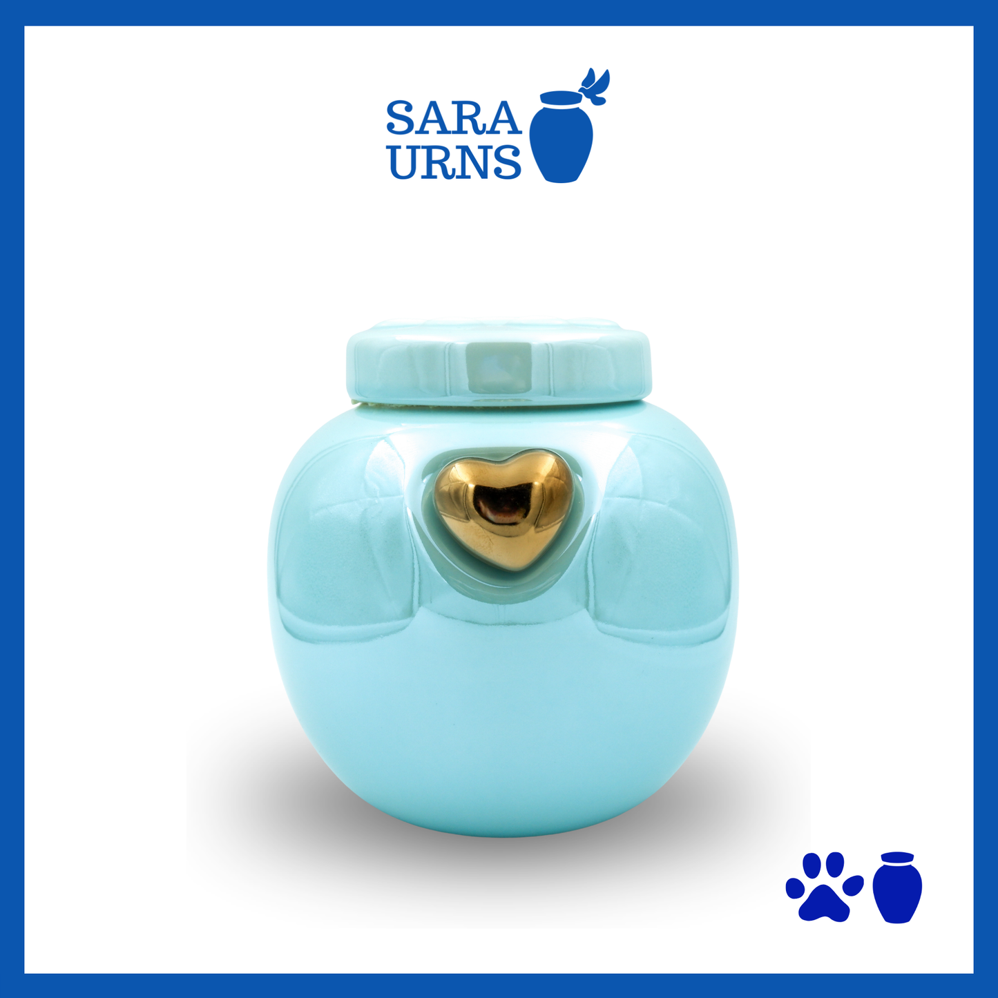 A blue ceramic pet urn with a pearly finish, a gold heart at its center and an embossed paw detail in the lid over a white background