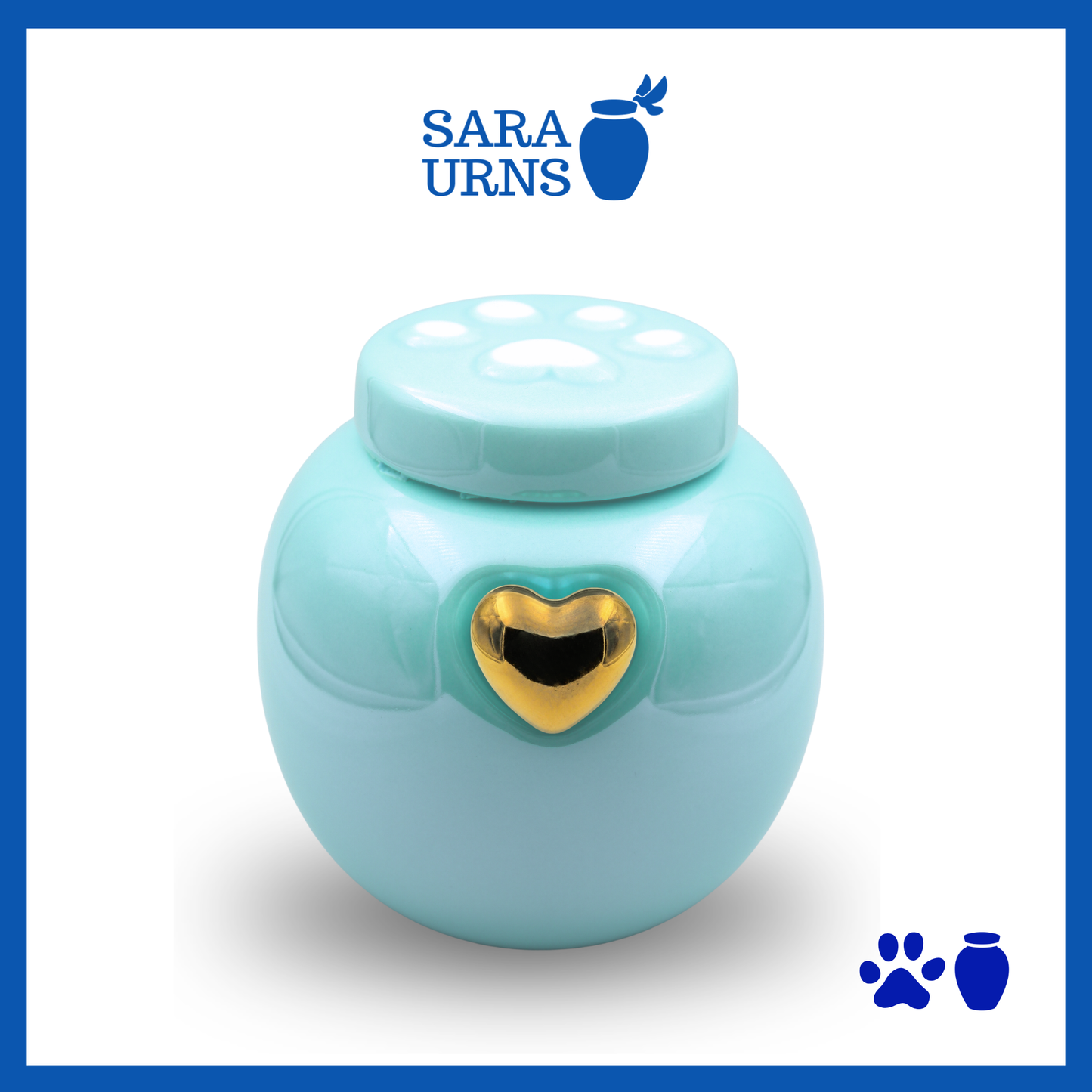 A blue ceramic pet urn with a pearly finish, a gold heart at its center and an embossed paw detail in the lid over a white background.