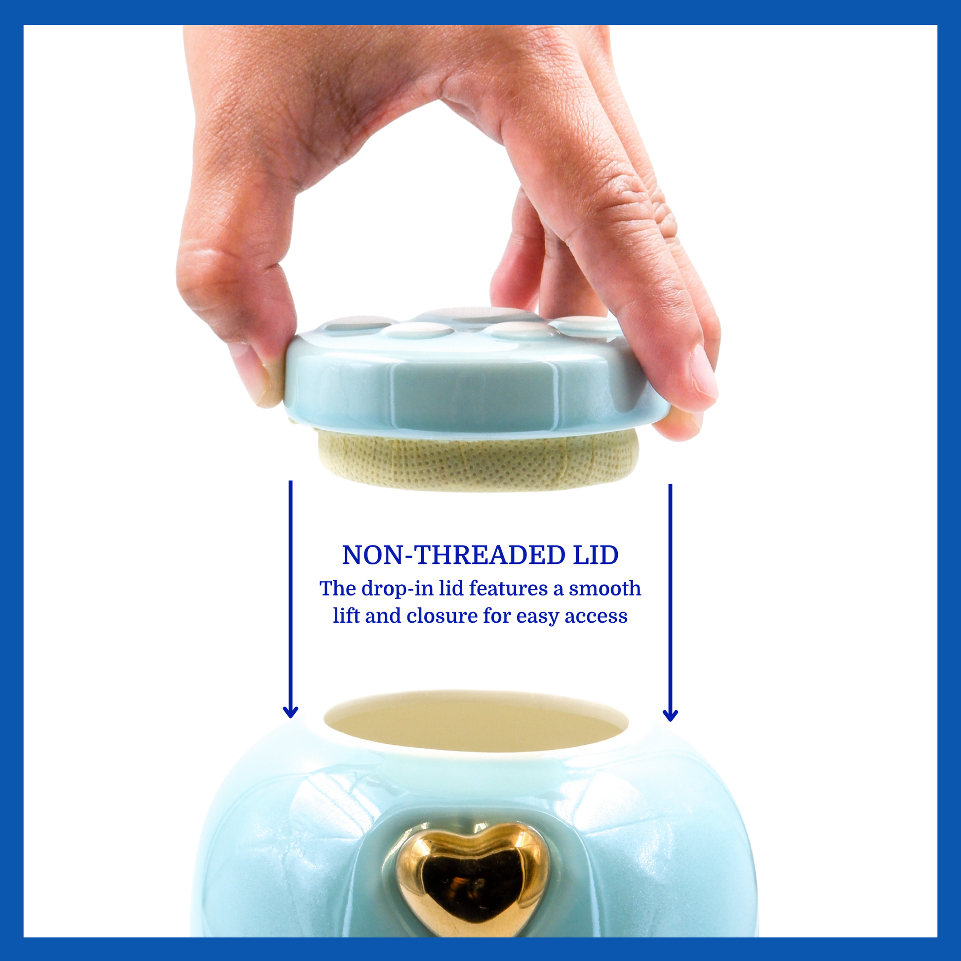 A presentation of a blue ceramic pet urn’s non-threaded lid which highlights its accessibility.