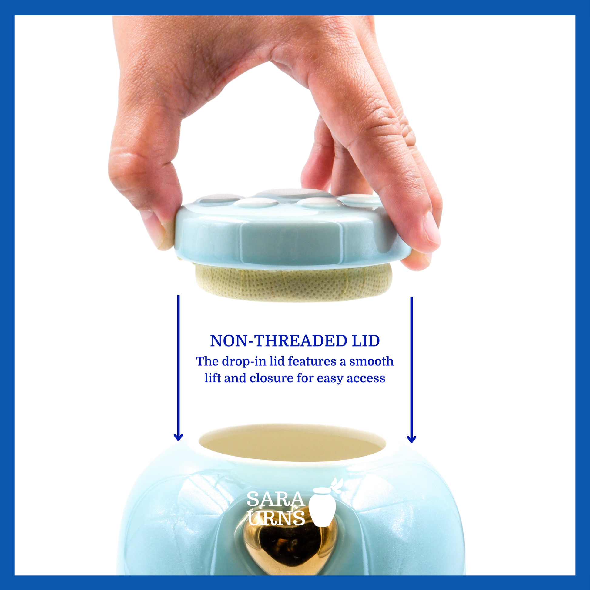 A presentation of a blue ceramic pet urn’s non-threaded lid which highlights its accessibility.